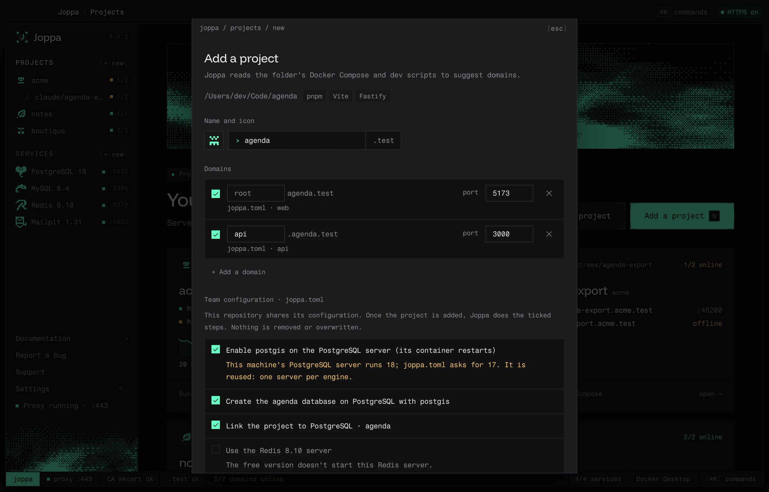Adding a project that has a joppa.toml: its domains, then the plan of the team configuration