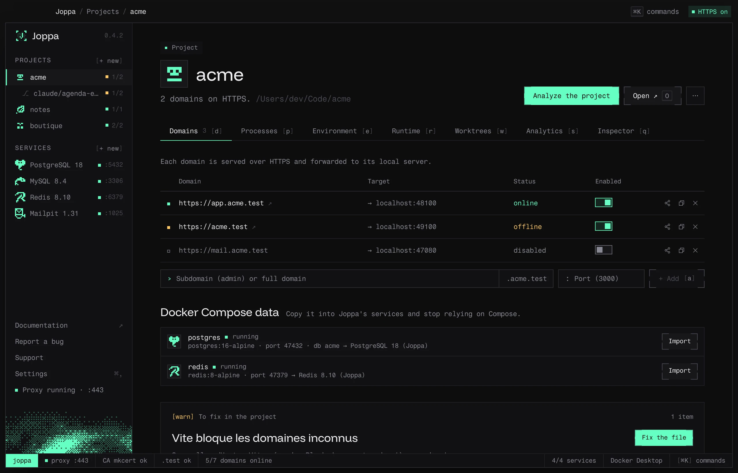 A project’s Domains tab, with the Docker Compose data section and a Vite setting to fix