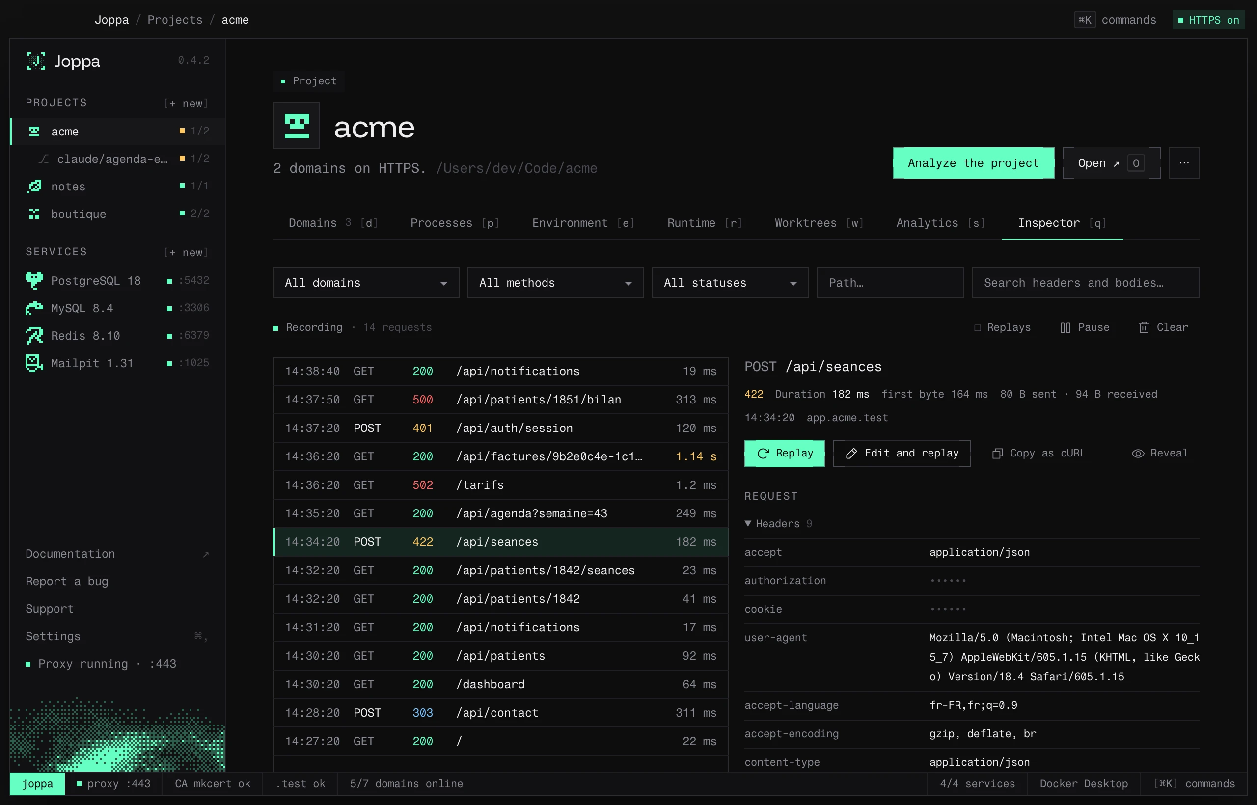 The Inspector tab: the list of requests, and the detail of a rejected POST with its headers and JSON body