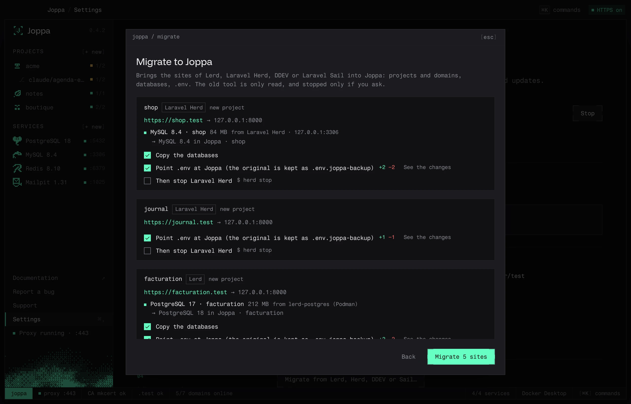 The migration plan: domain, database copied into MySQL, .env diff, stopping the old tool