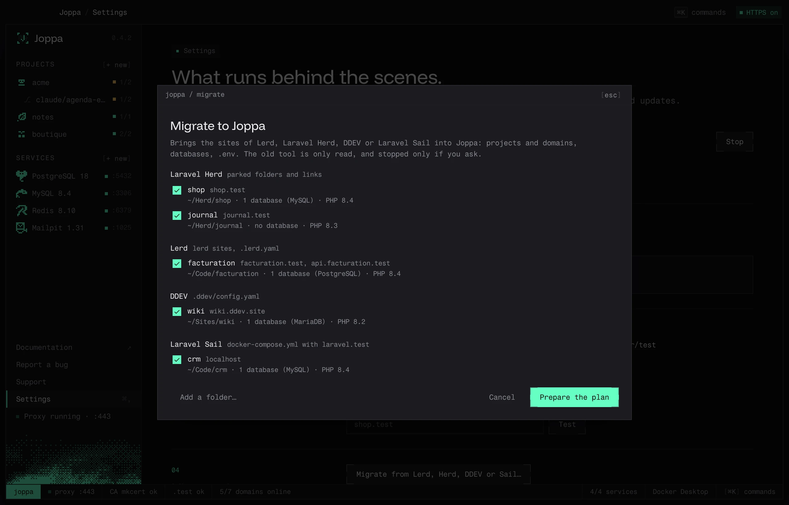 Migrate to Joppa: the Laravel Herd, Lerd, DDEV and Laravel Sail sites found on this Mac