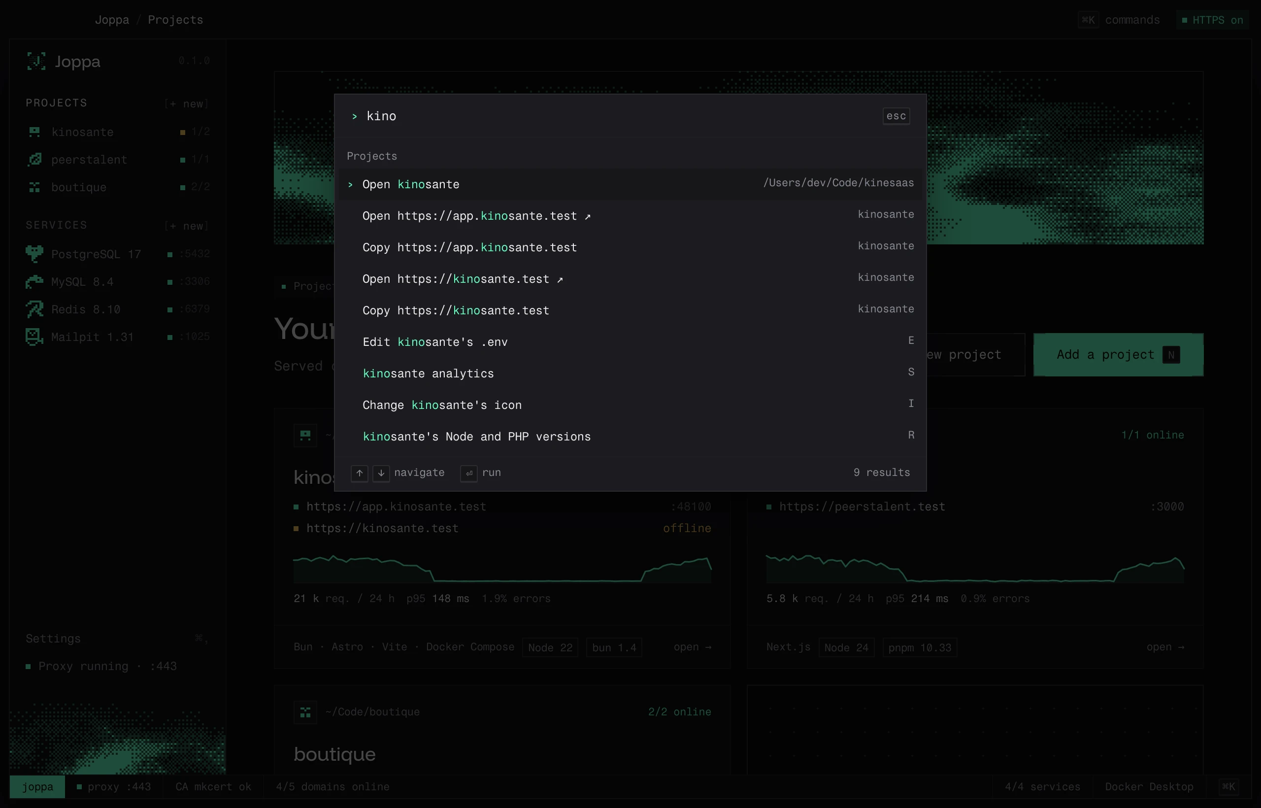 The ⌘K palette filtered on “kino”