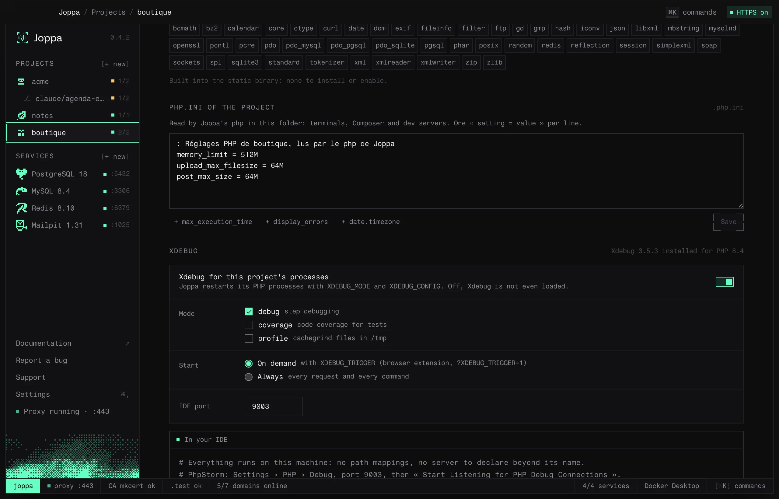 The Runtime tab of a PHP project: extensions, the project’s php.ini and Xdebug