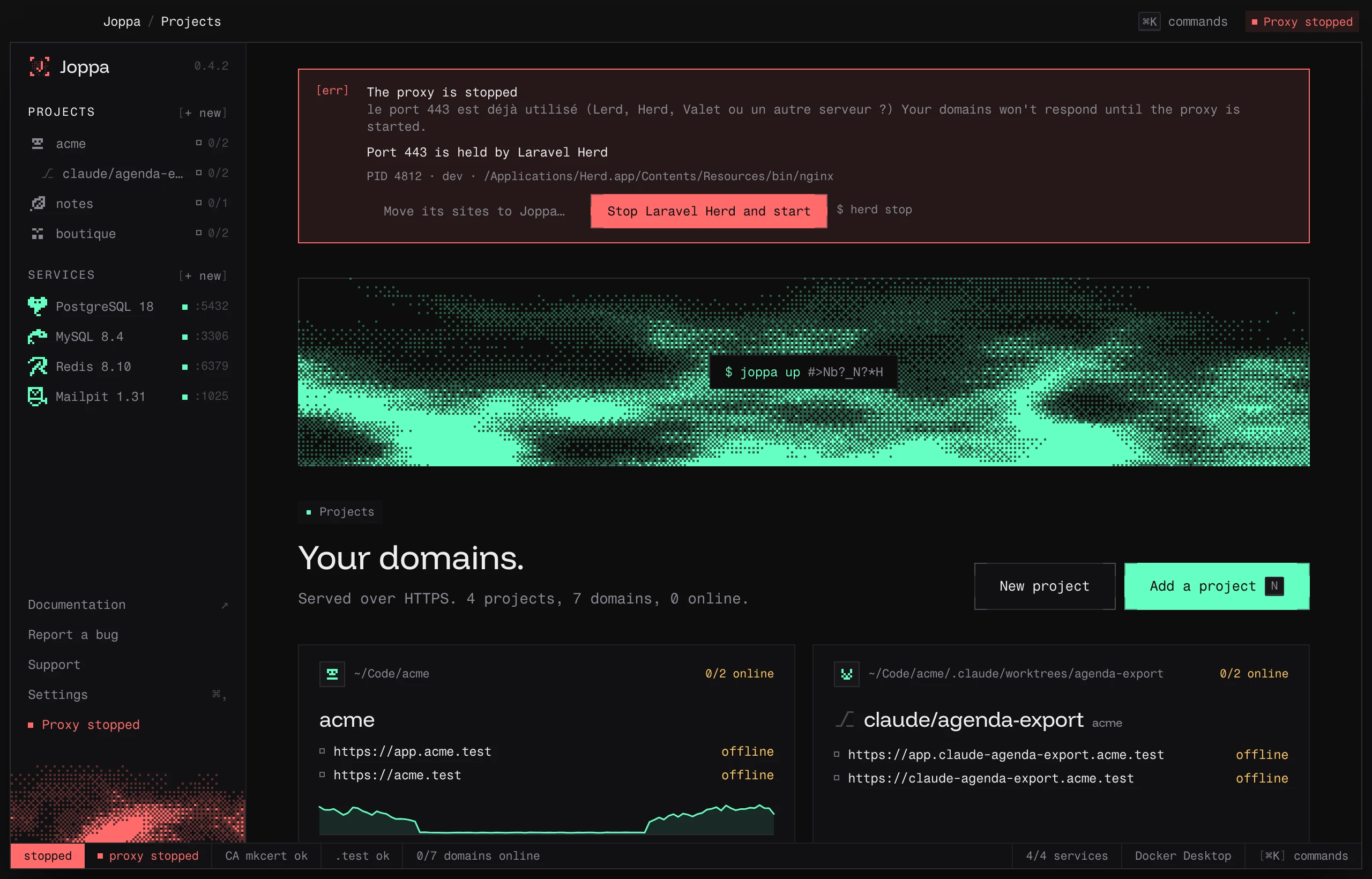 The proxy banner: port 443 is held by Laravel Herd, with “Stop Laravel Herd and start”