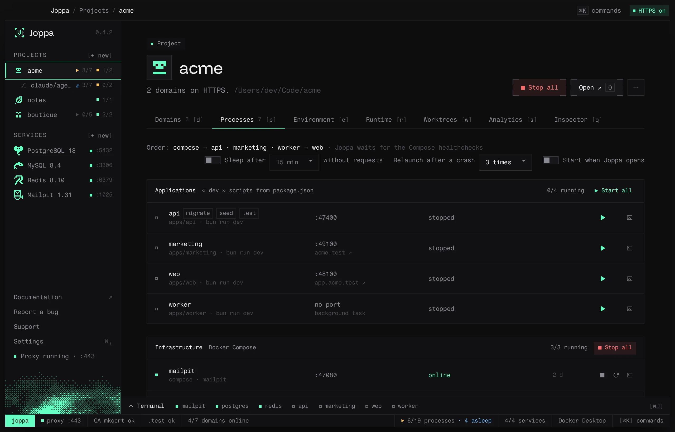 The Processes tab: applications and Docker Compose infrastructure, with their port and status