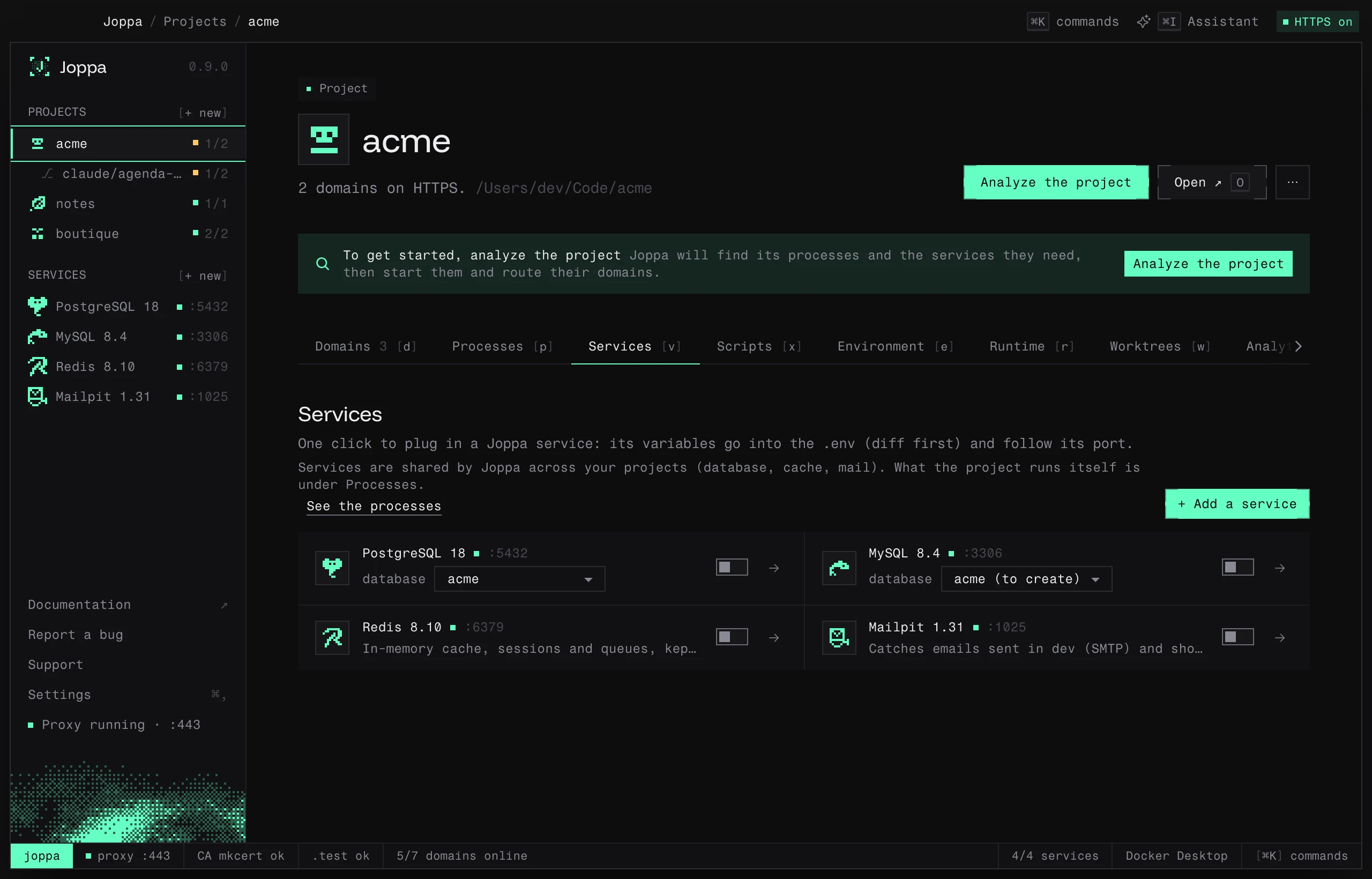 The Services tab: PostgreSQL, MySQL, Redis and Mailpit, each with its switch