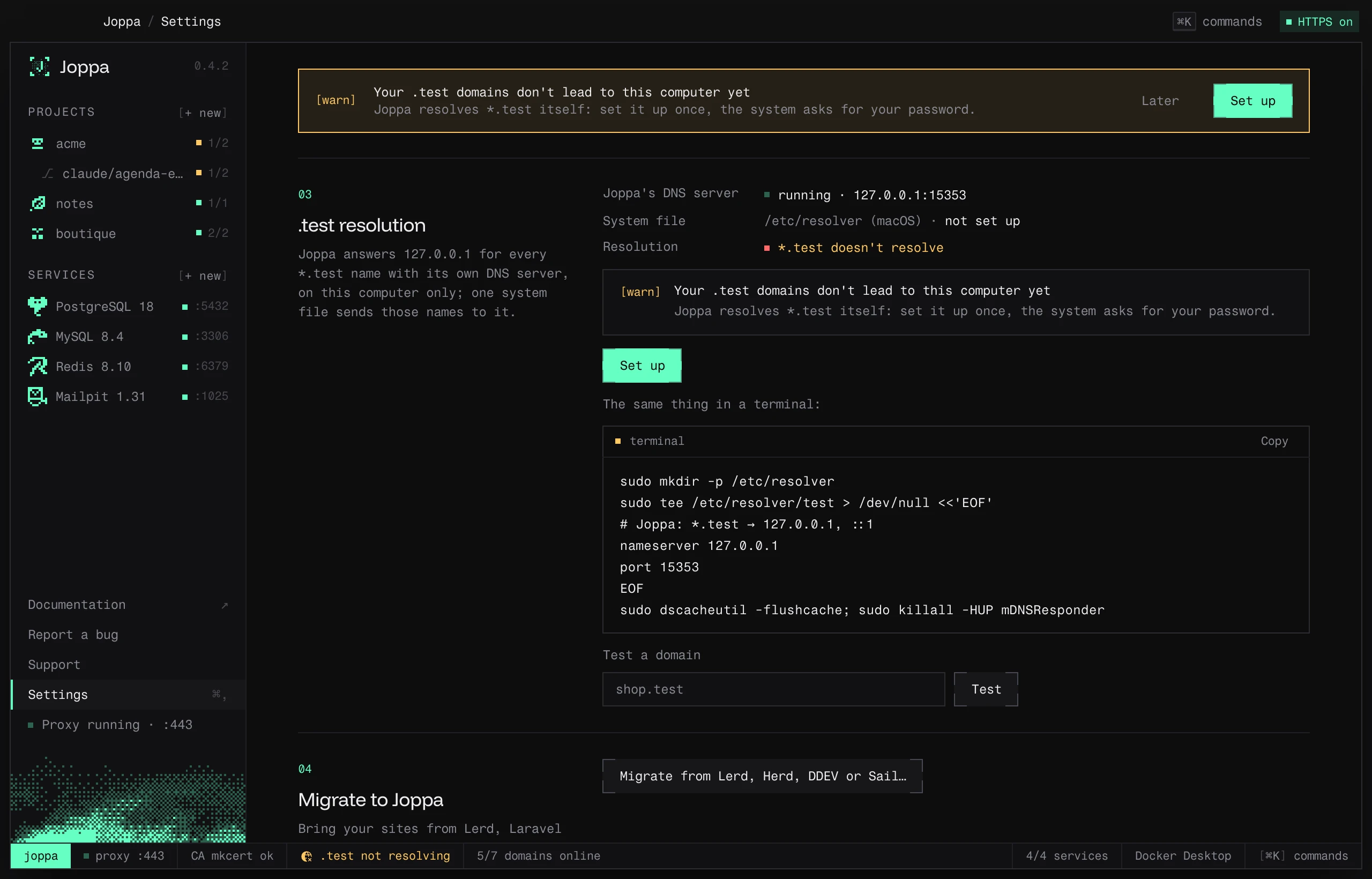 Settings › .test resolution: Joppa’s DNS server, the system file and a domain to test