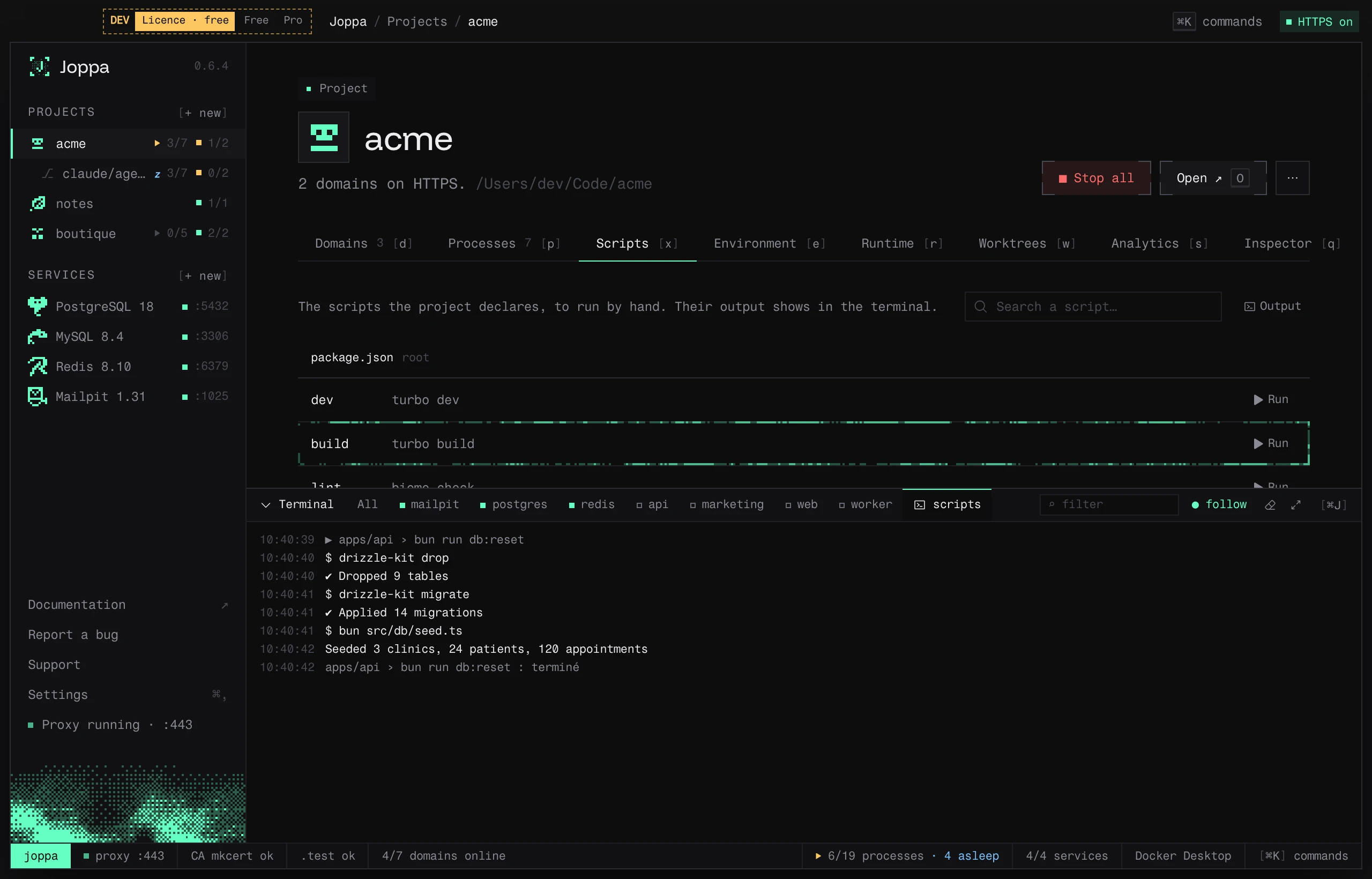 The Scripts tab: the scripts of a bun monorepo, db:reset run, its output in the terminal