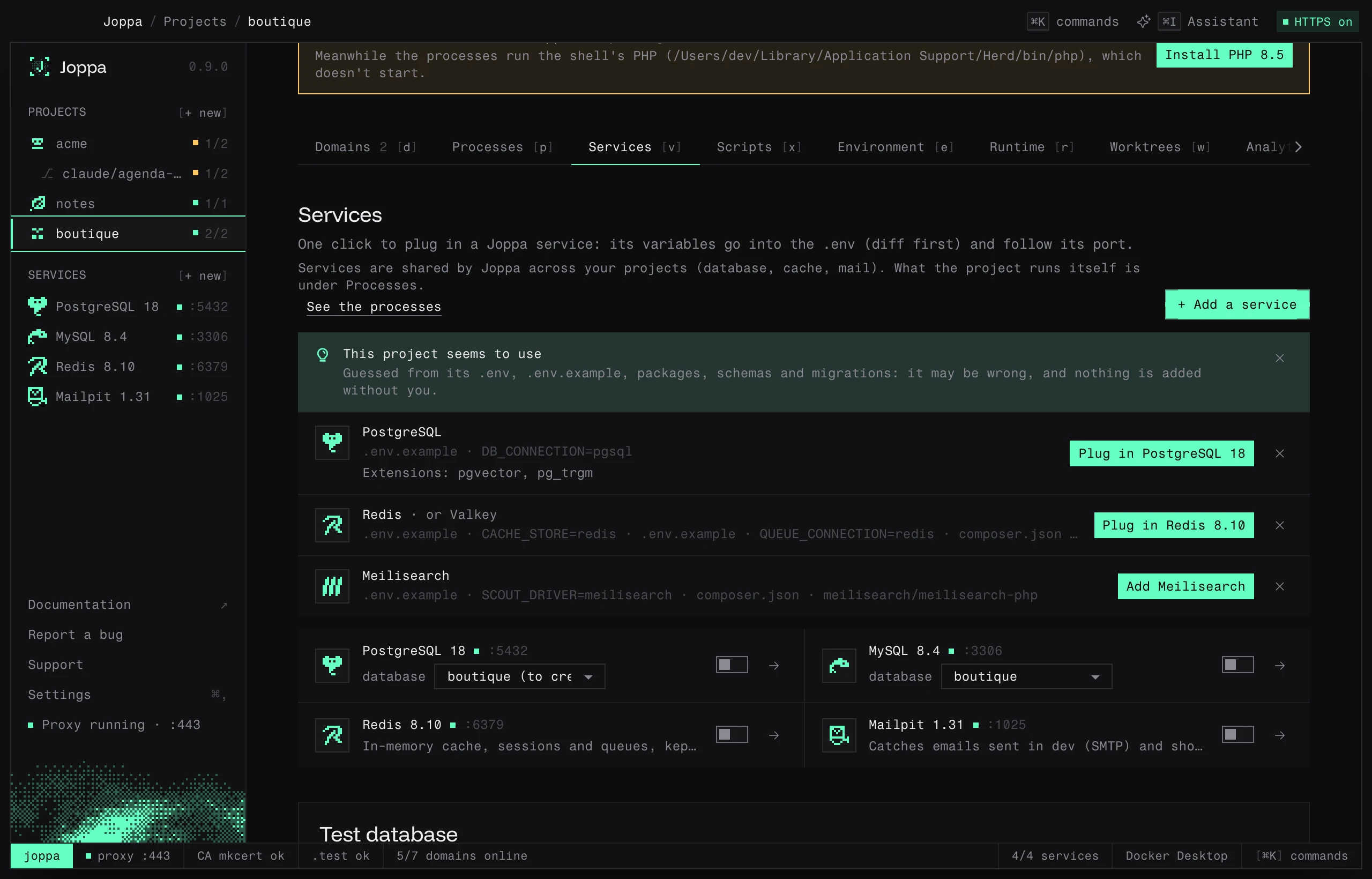 The “This project seems to use” block: PostgreSQL with pgvector and pg_trgm, Redis, Meilisearch