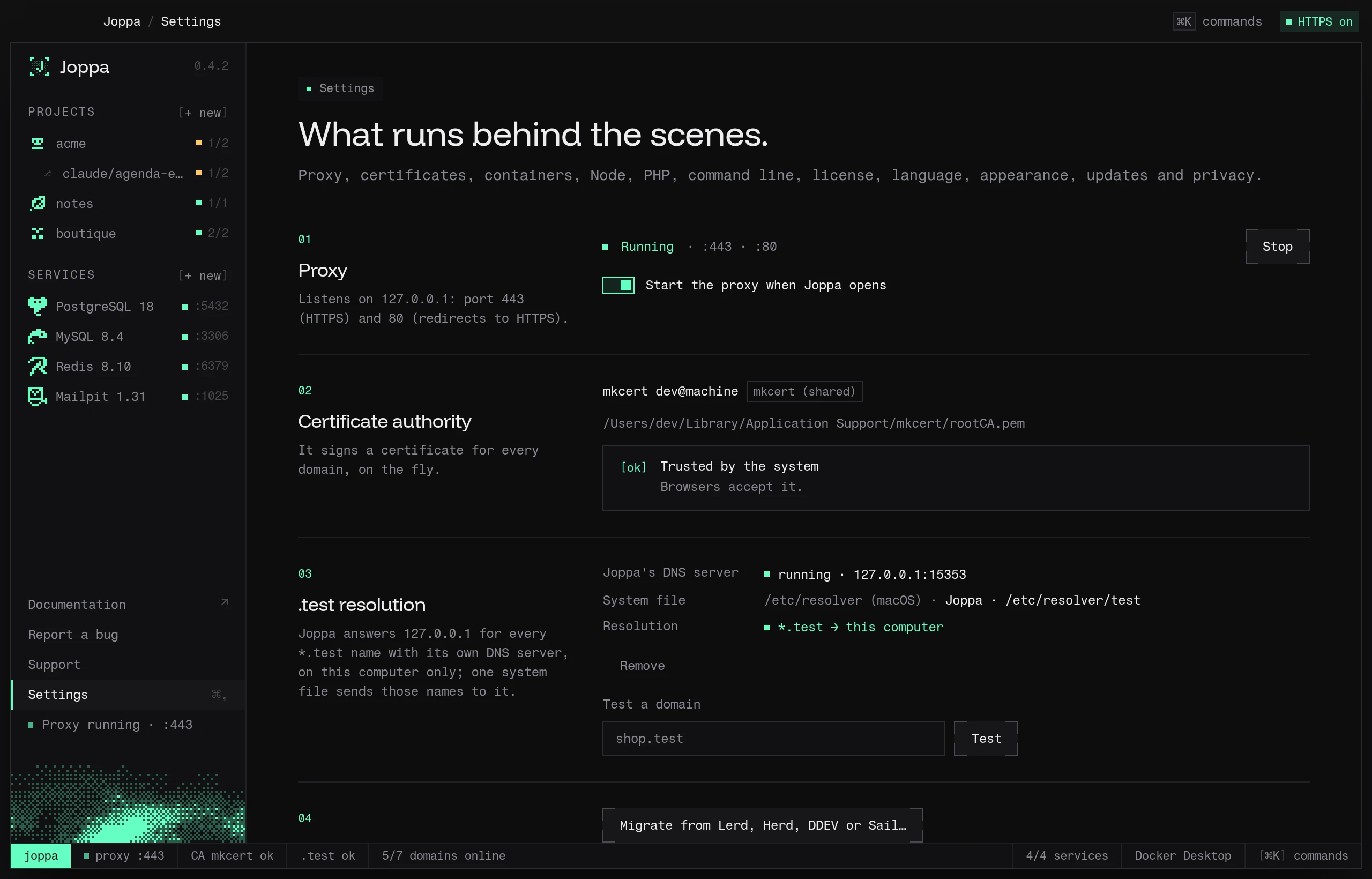 Joppa’s Settings: proxy, certificate authority, Lerd, containers…