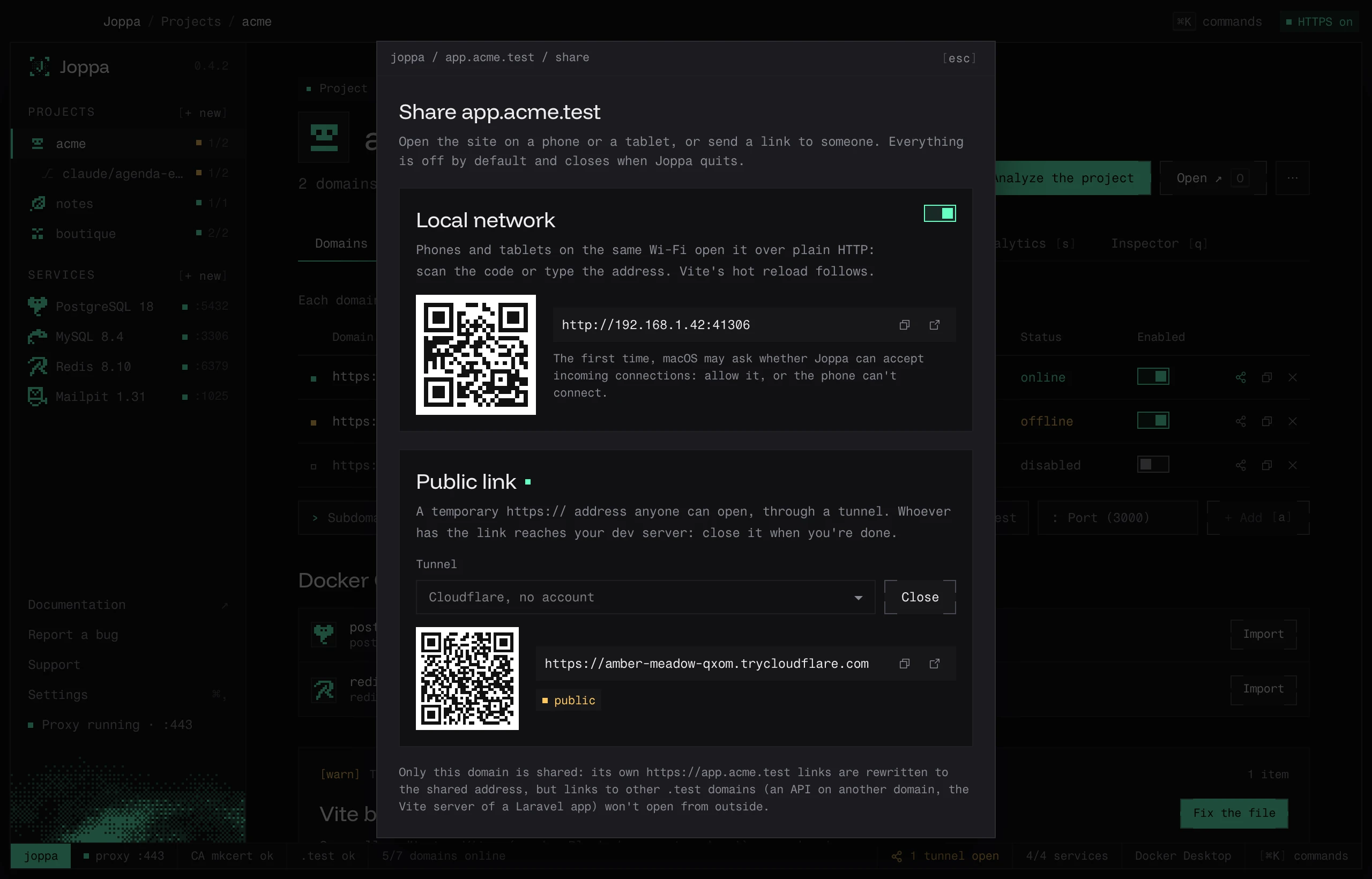 The Share window: the domain on the local network with its QR code, and a public link through Cloudflare
