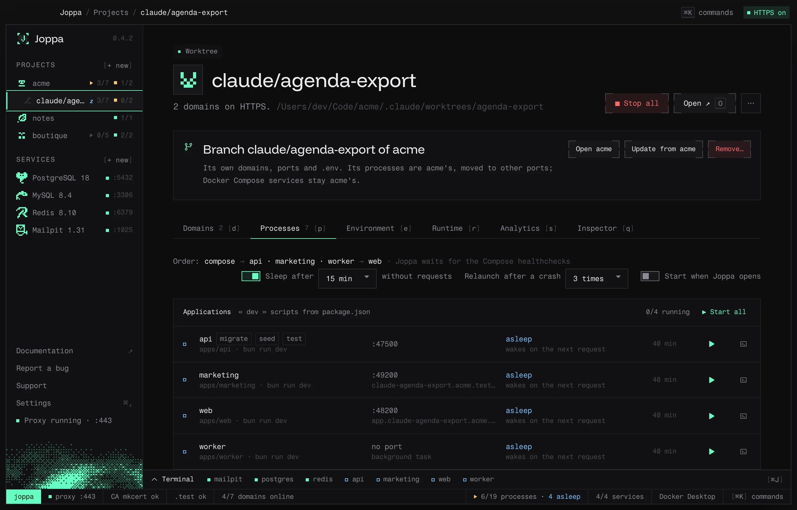 A worktree environment, its dev servers asleep for 40 minutes