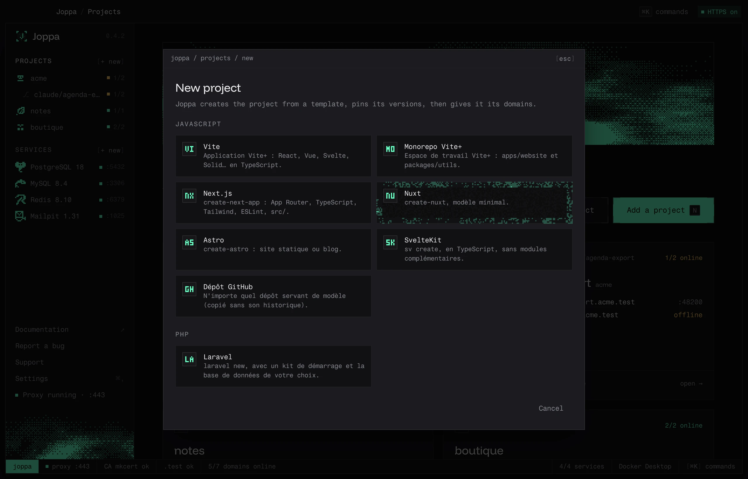 The New project window and its JavaScript and PHP templates