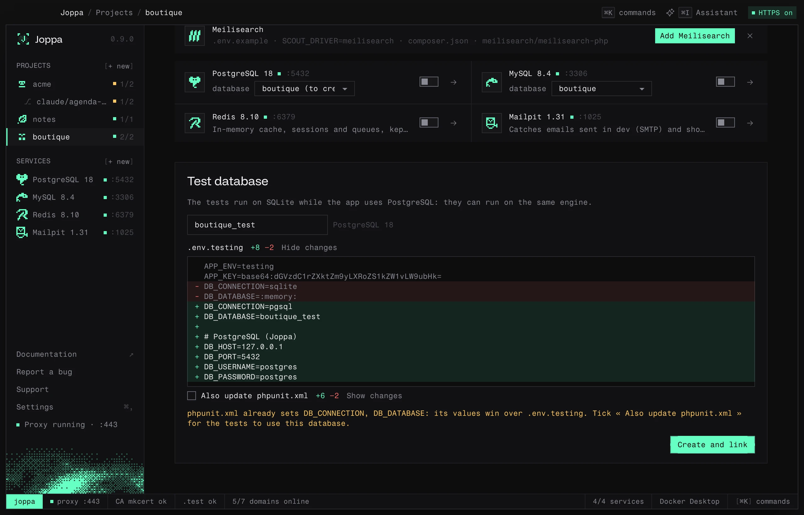 The Test database block: tests on SQLite offered on PostgreSQL, with the diff of .env.testing