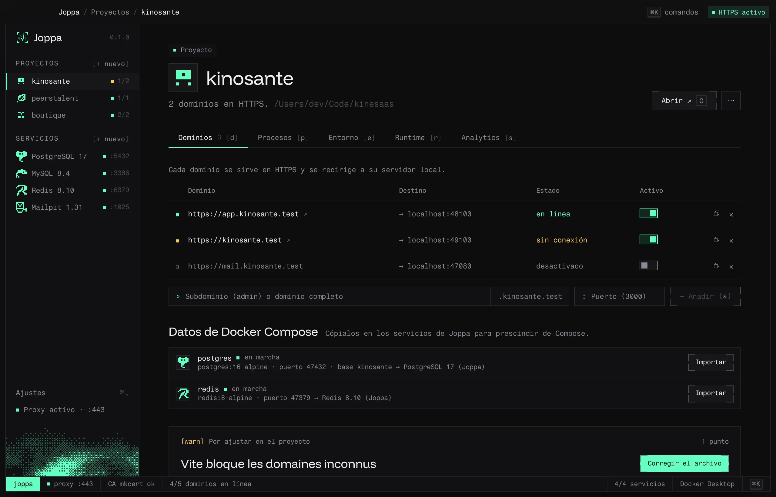 La pestaña Dominios de un proyecto, con la sección Datos de Docker Compose y un ajuste de Vite por corregir
