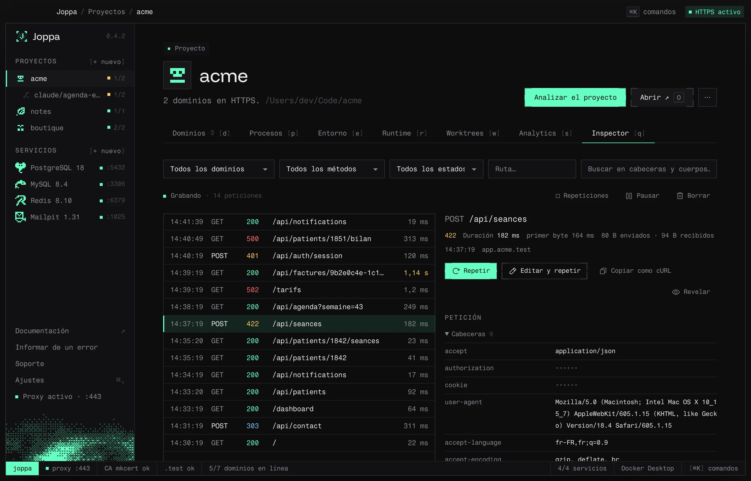 La pestaña Inspector: la lista de peticiones y el detalle de un POST rechazado con sus cabeceras y su cuerpo JSON