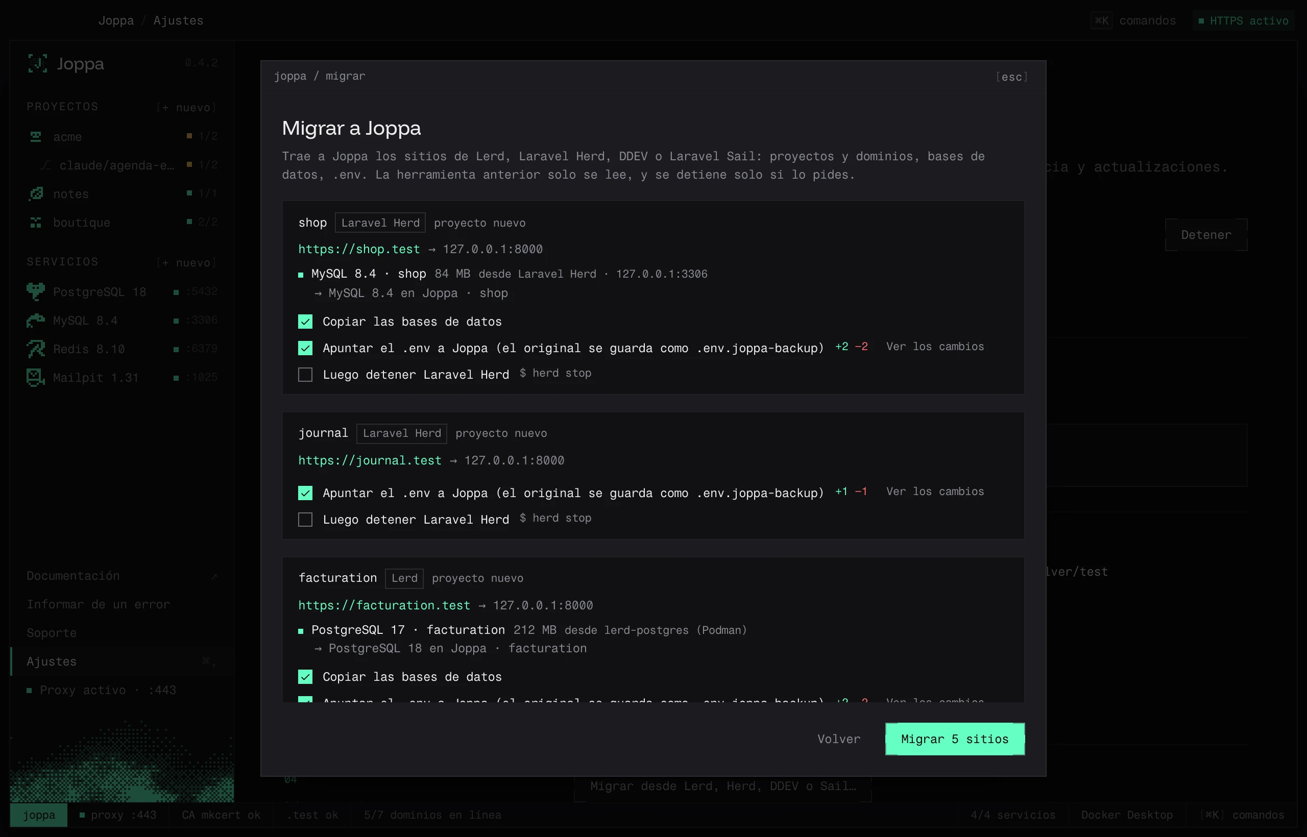 El plan de migración: dominio, base copiada en MySQL, diff del .env, detención de la herramienta anterior