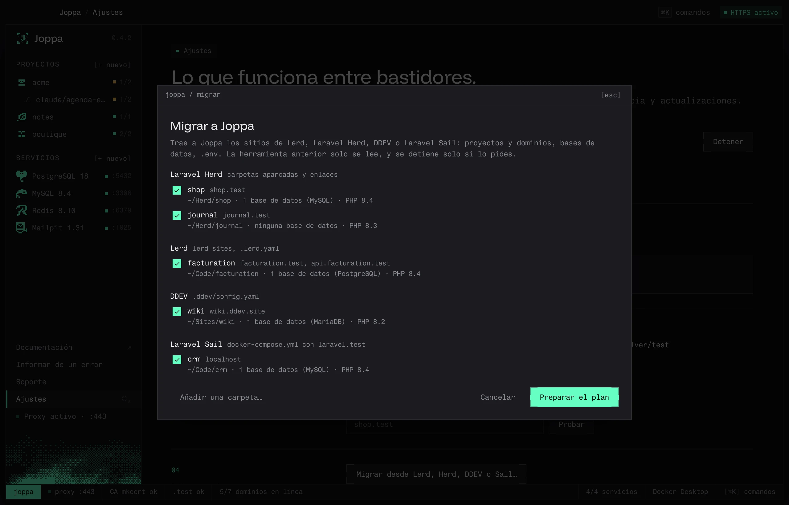 Migrar a Joppa: los sitios de Laravel Herd, Lerd, DDEV y Laravel Sail encontrados en este Mac
