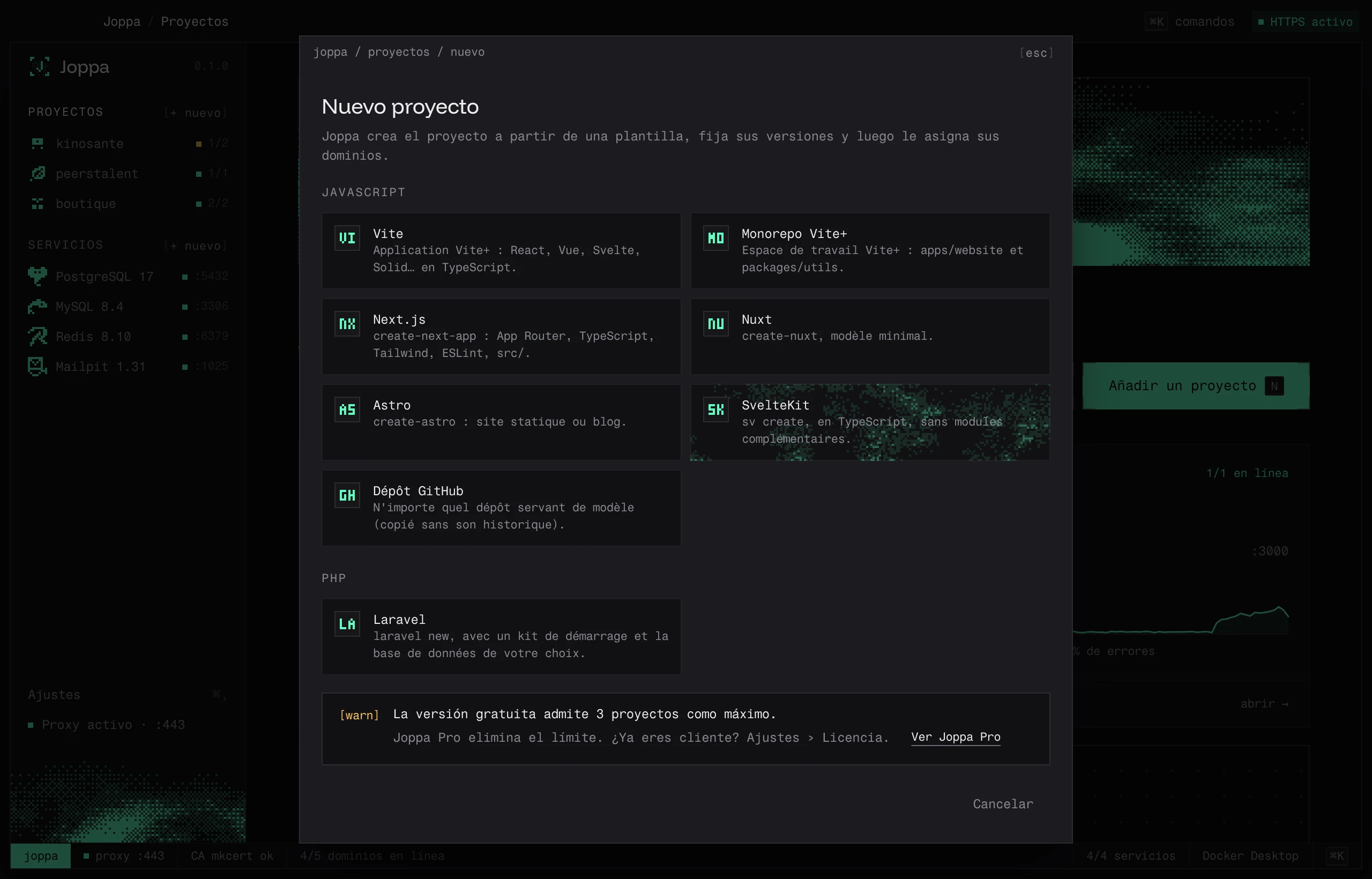 La ventana Nuevo proyecto y sus plantillas de JavaScript y PHP