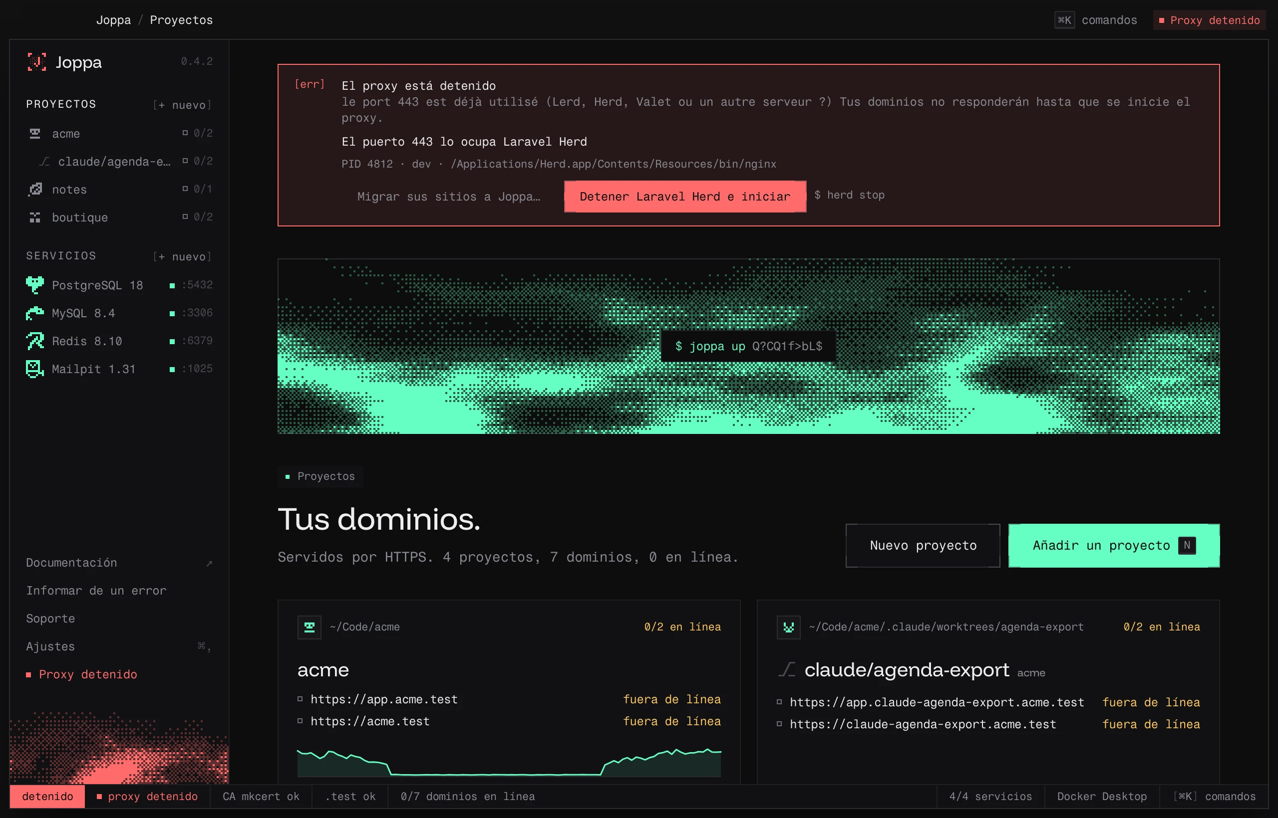 El aviso del proxy: el puerto 443 lo ocupa Laravel Herd, con «Detener Laravel Herd e iniciar»