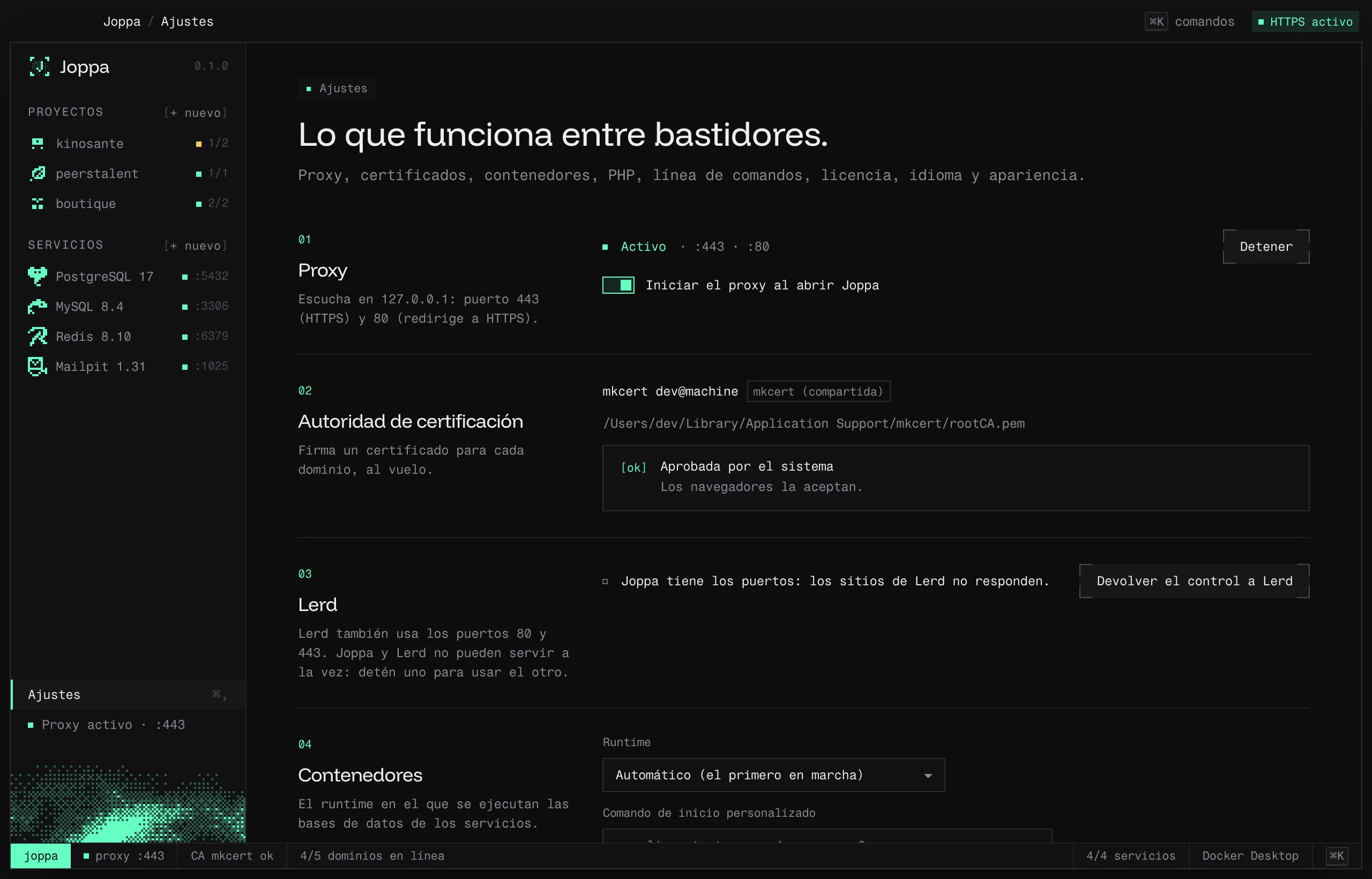Los Ajustes de Joppa: proxy, autoridad de certificación, Lerd, contenedores…