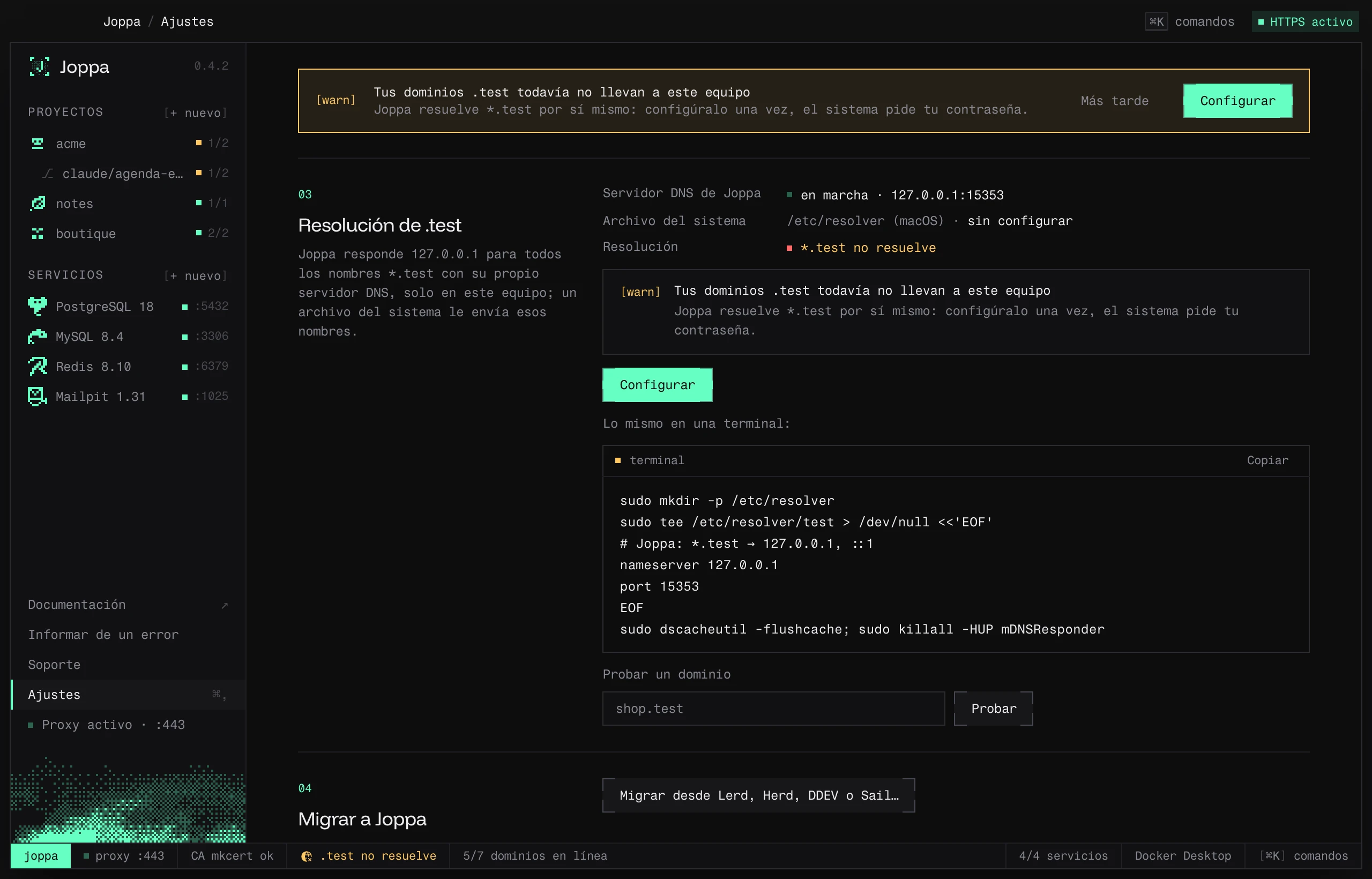 Ajustes › Resolución de .test: el servidor DNS de Joppa, el archivo del sistema y un dominio para probar
