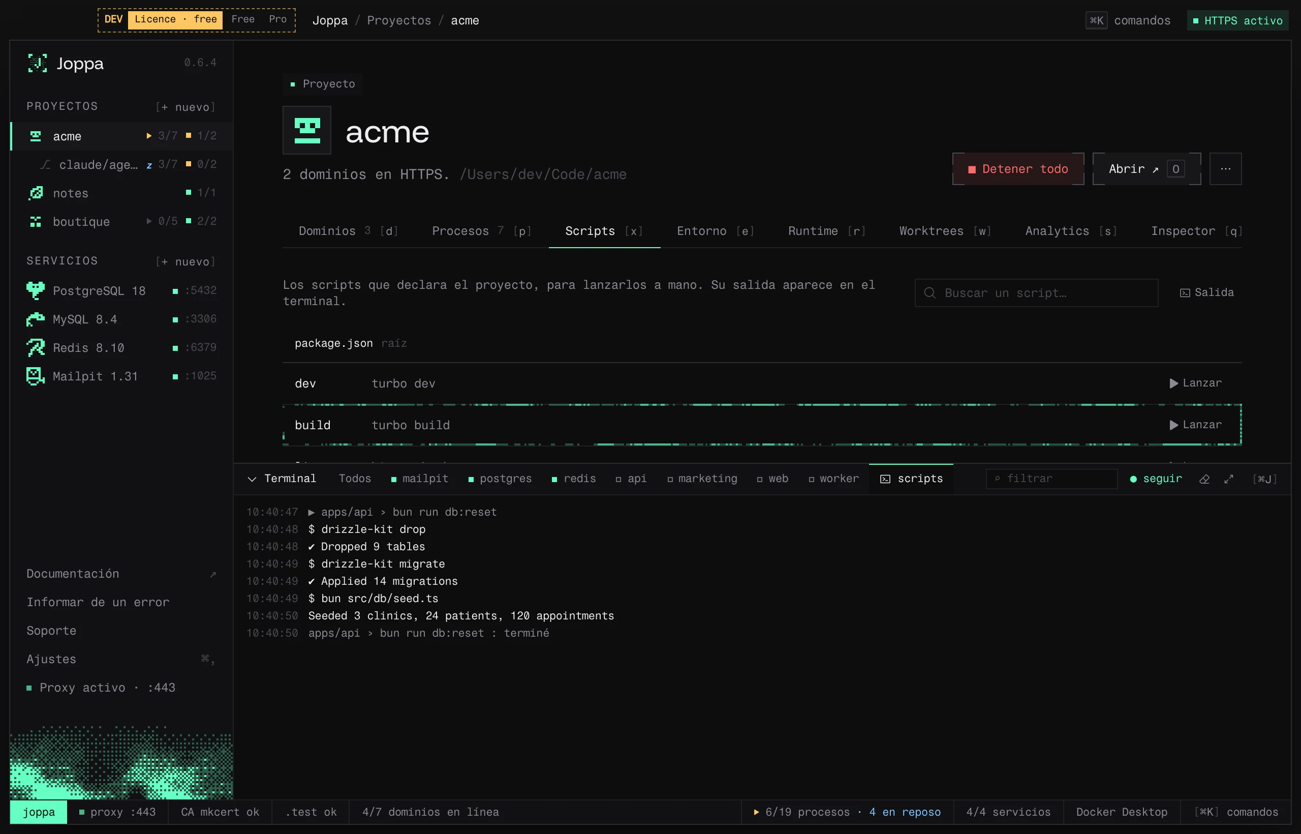 La pestaña Scripts: los scripts de un monorepo bun, db:reset lanzado, su salida en el terminal