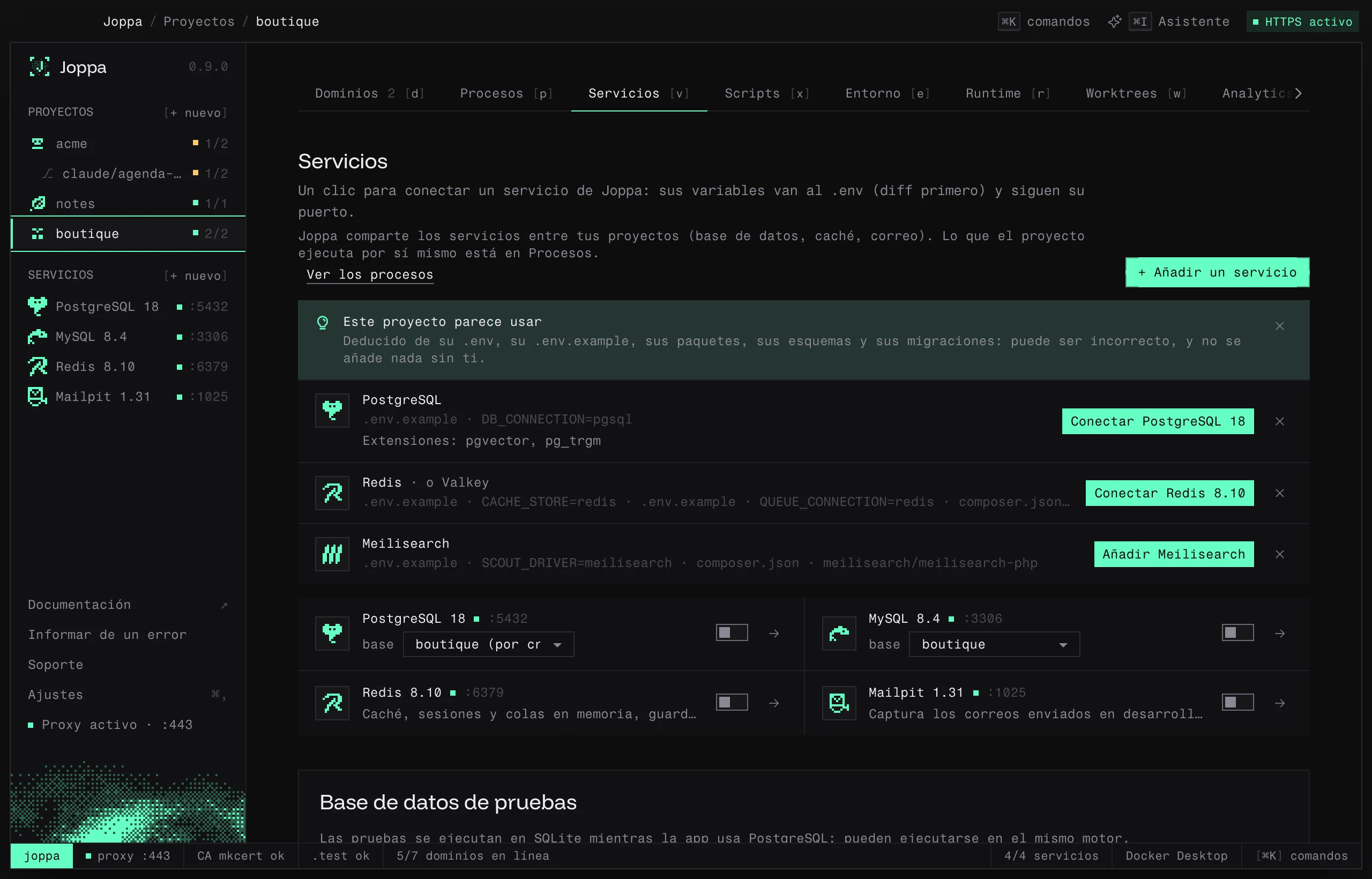El bloque «Este proyecto parece usar»: PostgreSQL con pgvector y pg_trgm, Redis, Meilisearch