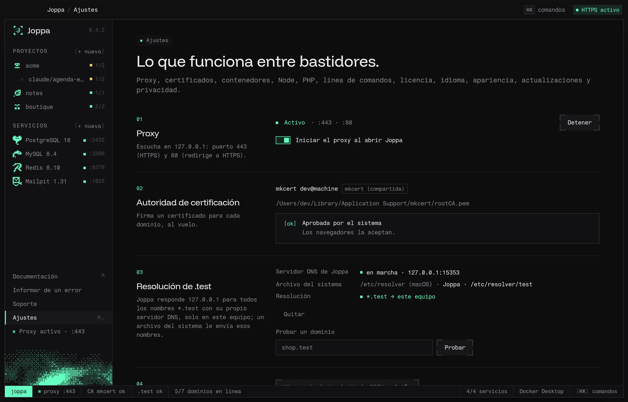 Los Ajustes de Joppa: proxy, autoridad de certificación, Lerd, contenedores…