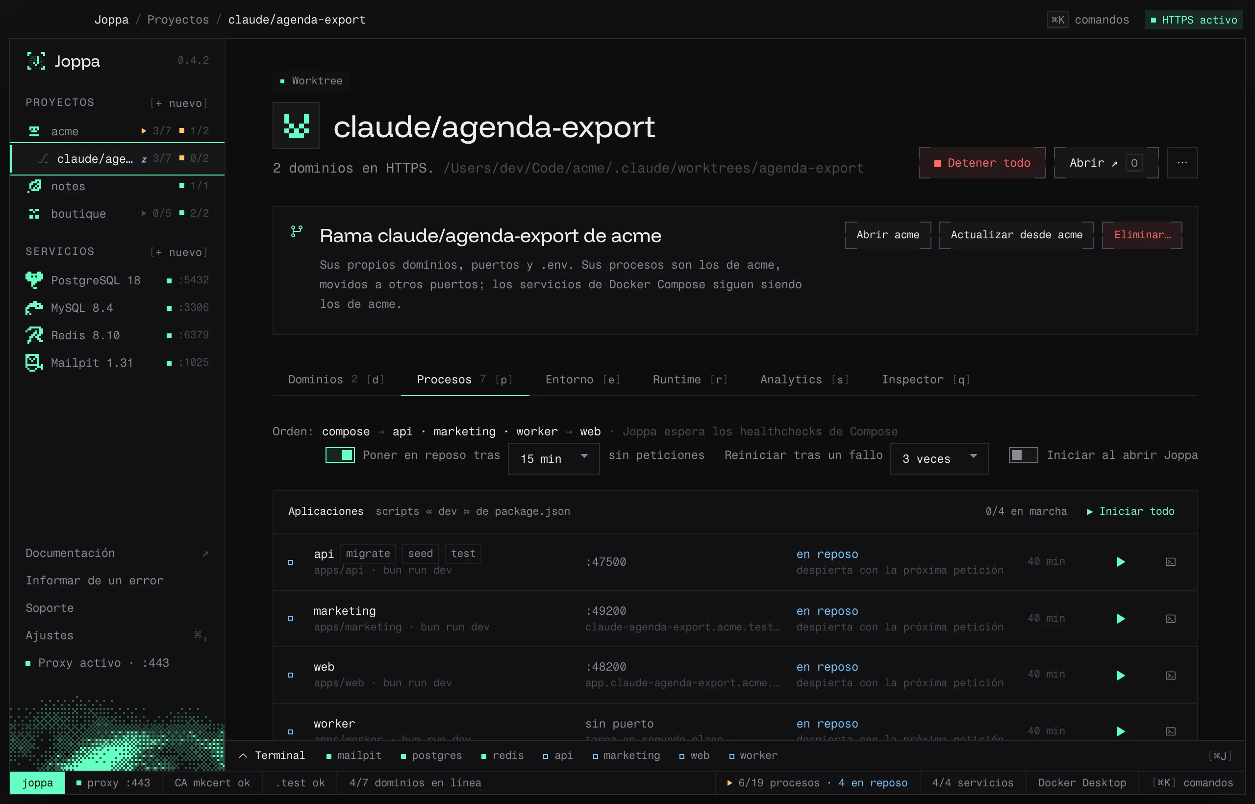 El entorno de un worktree, sus servidores de desarrollo en reposo desde hace 40 minutos