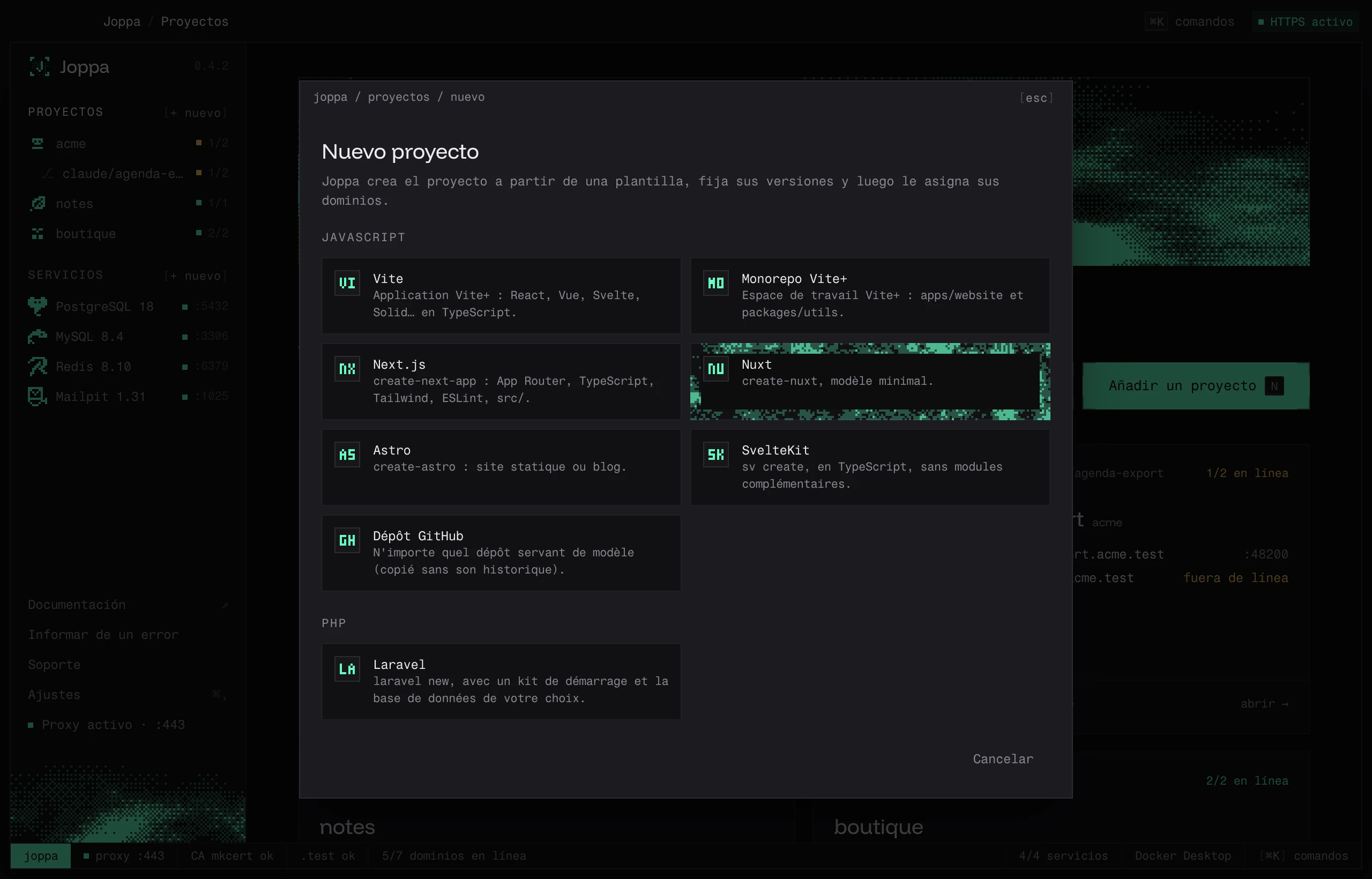 La ventana Nuevo proyecto y sus plantillas de JavaScript y PHP