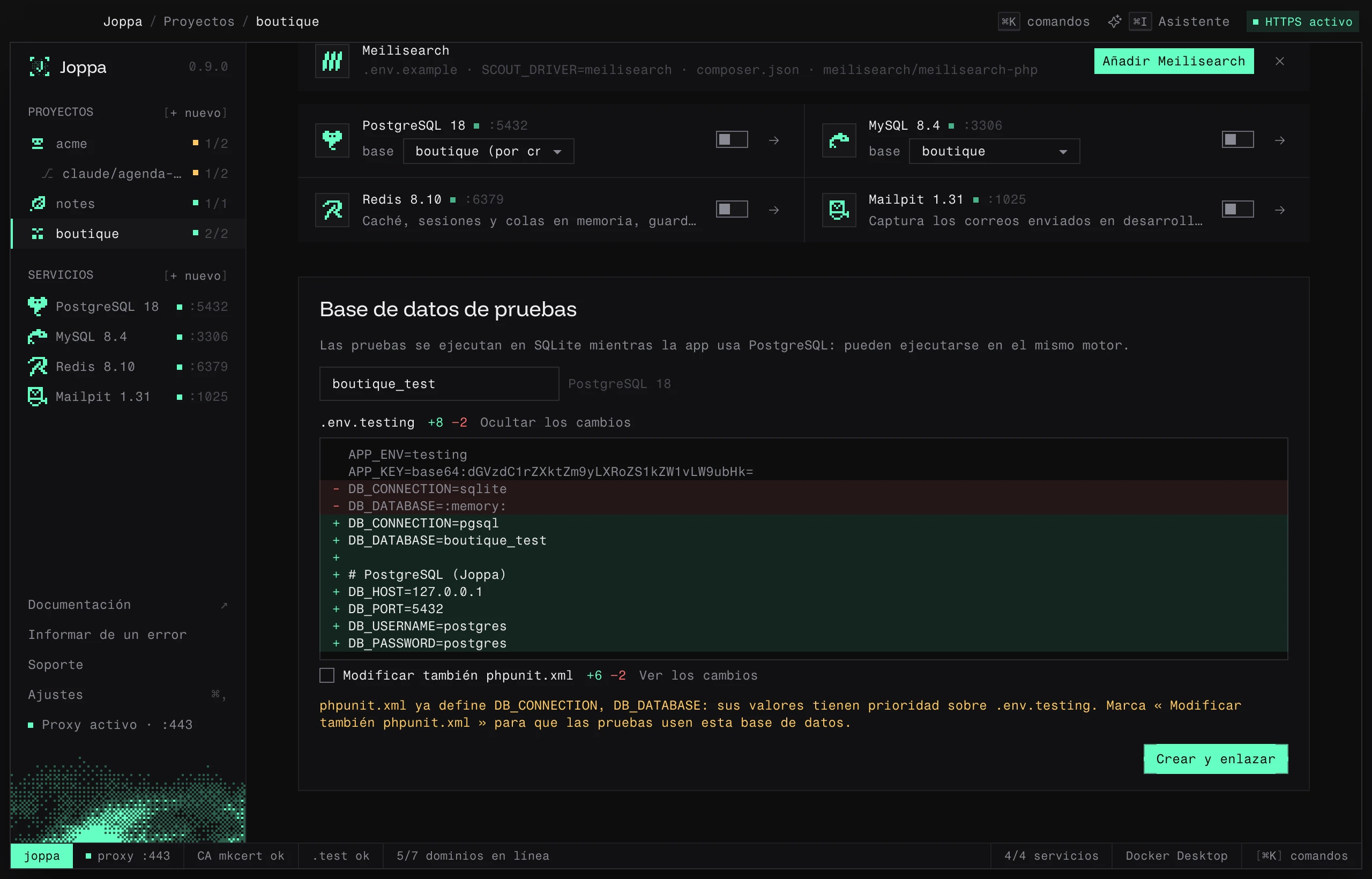 El bloque Base de datos de pruebas: pruebas en SQLite propuestas en PostgreSQL, con el diff de .env.testing