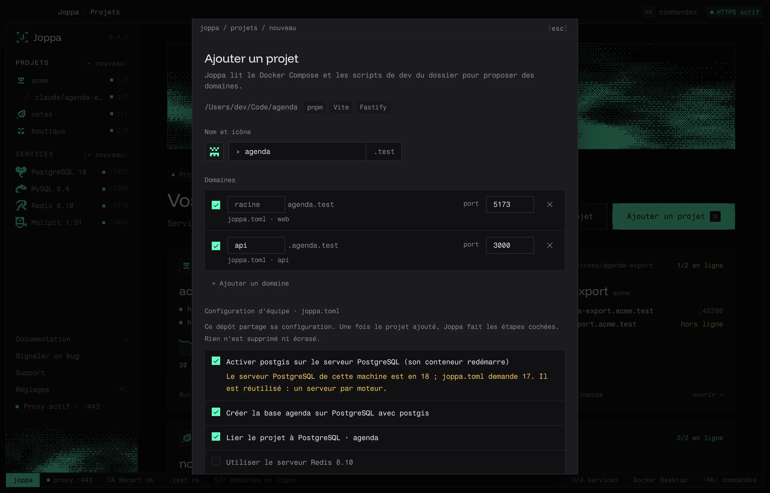 Ajouter un projet qui a un joppa.toml : ses domaines, puis le plan de la configuration d’équipe