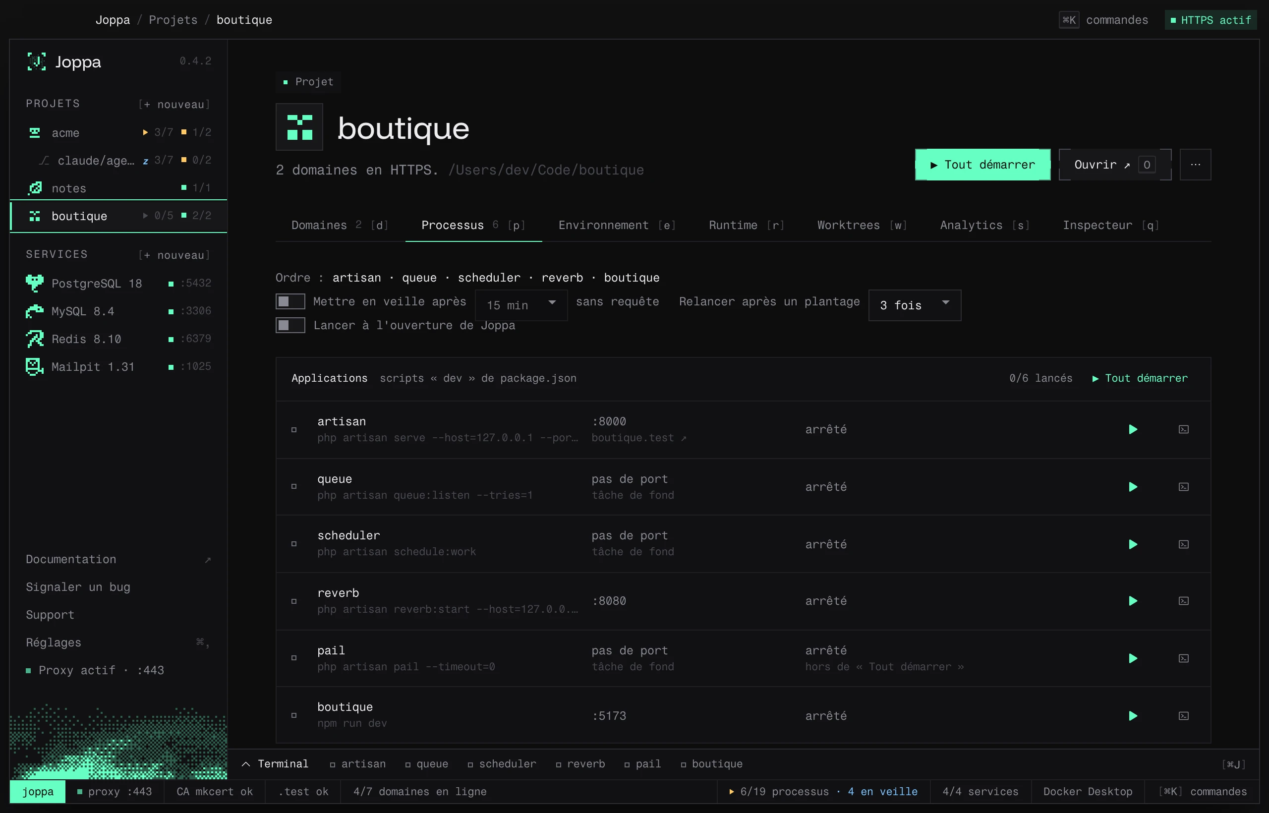 Les processus d’une app Laravel : artisan serve, queue, scheduler, Reverb et Pail