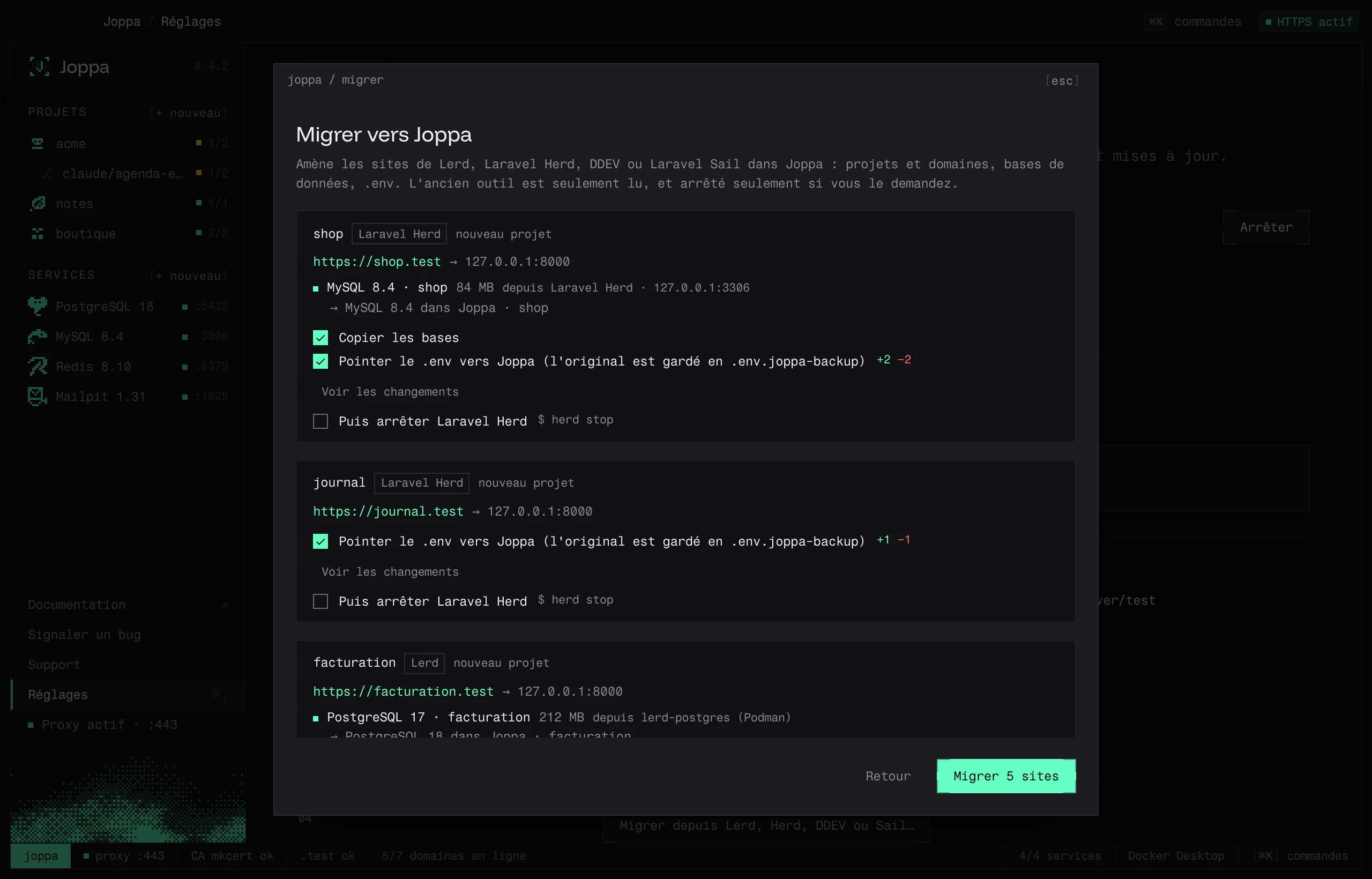 Le plan de migration : domaine, base copiée dans MySQL, diff du .env, arrêt de l’ancien outil
