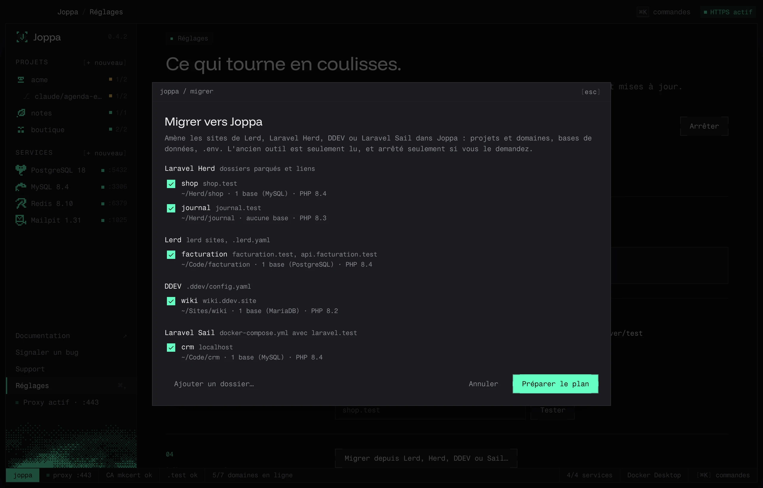 Migrer vers Joppa : les sites de Laravel Herd, Lerd, DDEV et Laravel Sail trouvés sur ce Mac
