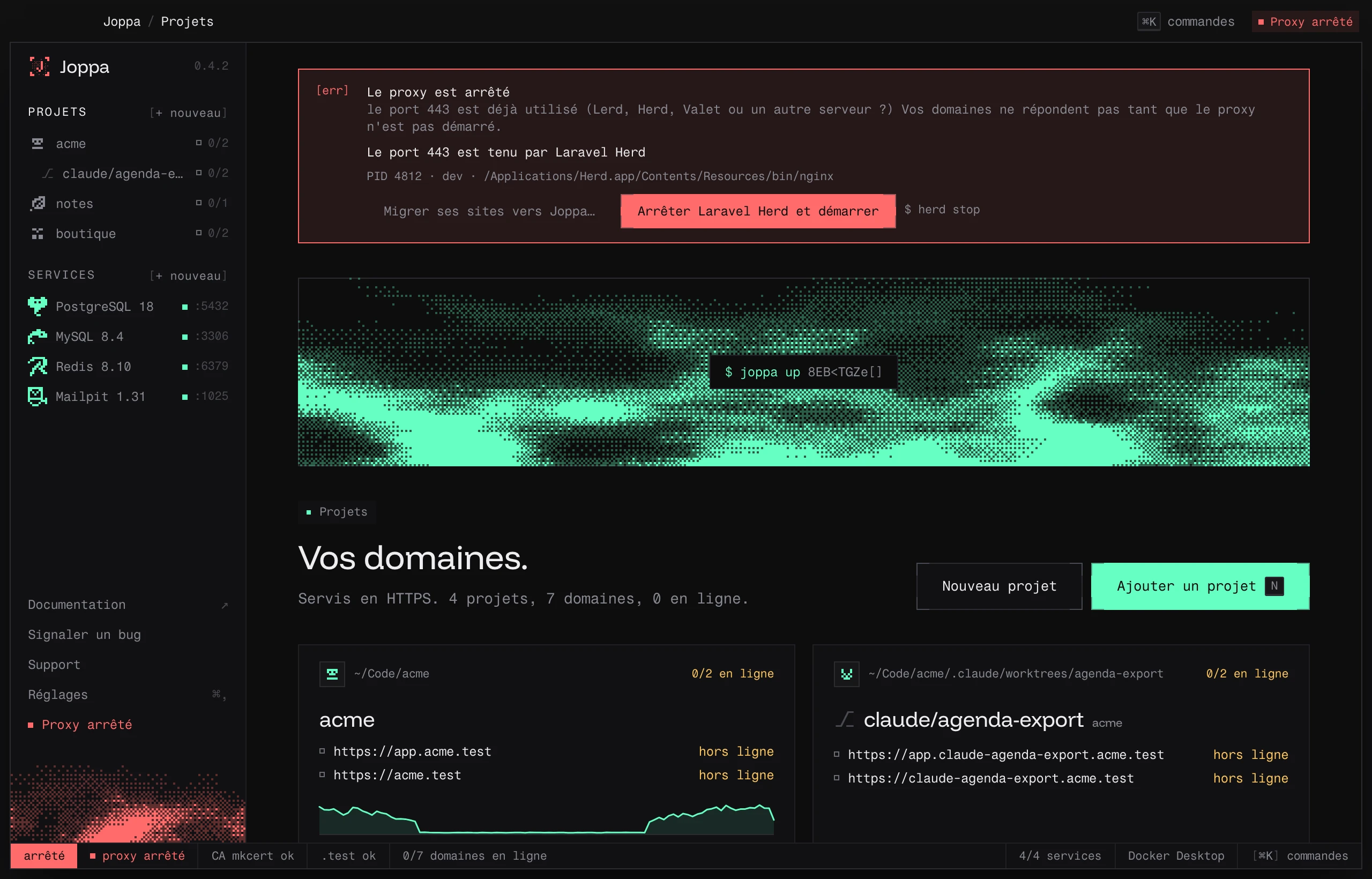 Le bandeau du proxy : le port 443 est tenu par Laravel Herd, avec « Arrêter Laravel Herd et démarrer »