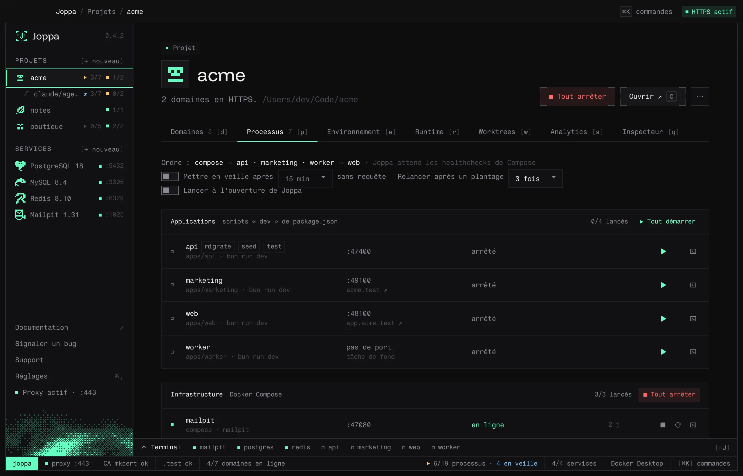 L’onglet Processus : les applications et l’infrastructure Docker Compose, avec leur port et leur état