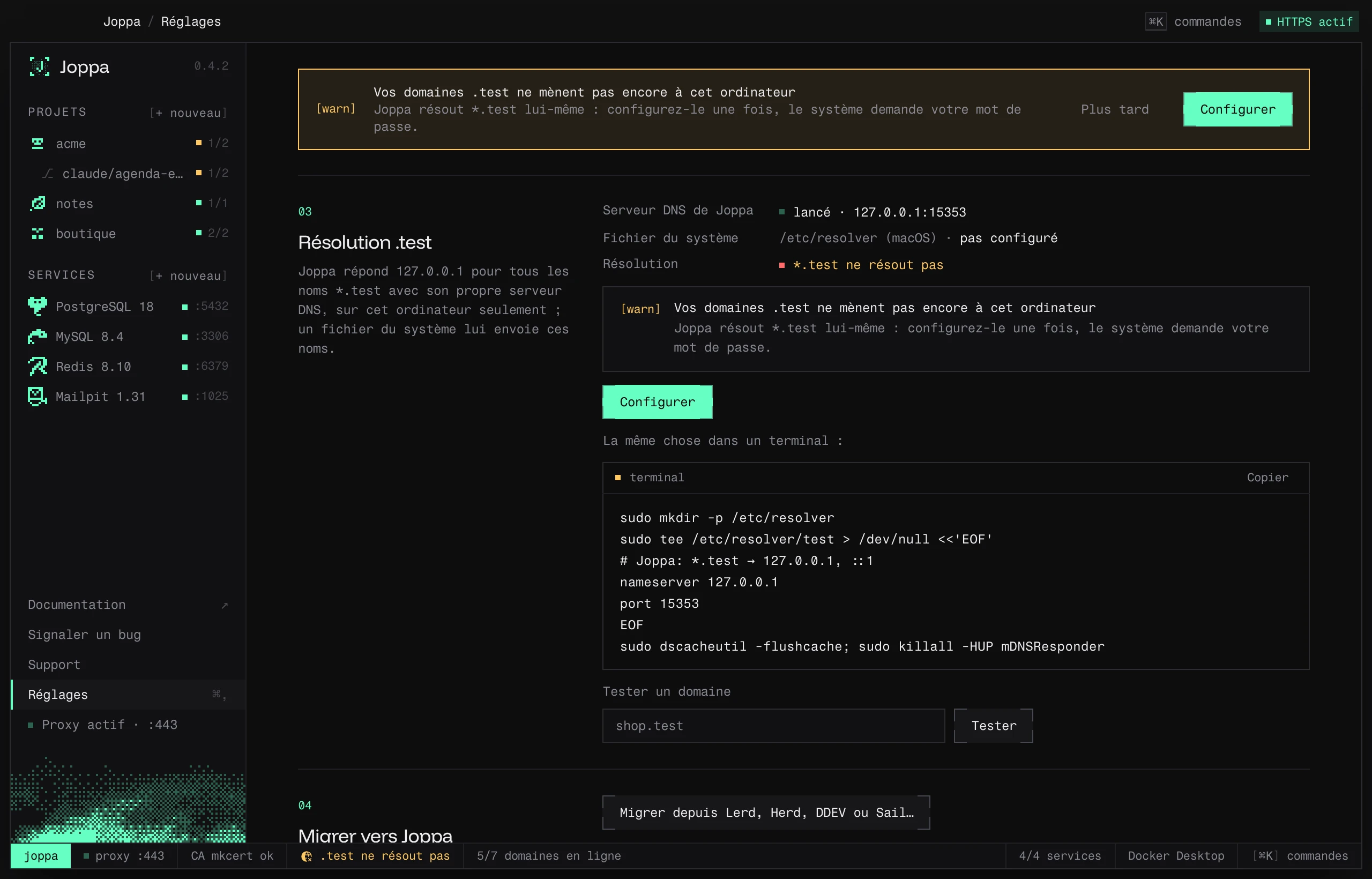 Réglages › Résolution .test : le serveur DNS de Joppa, le fichier du système et un domaine à tester