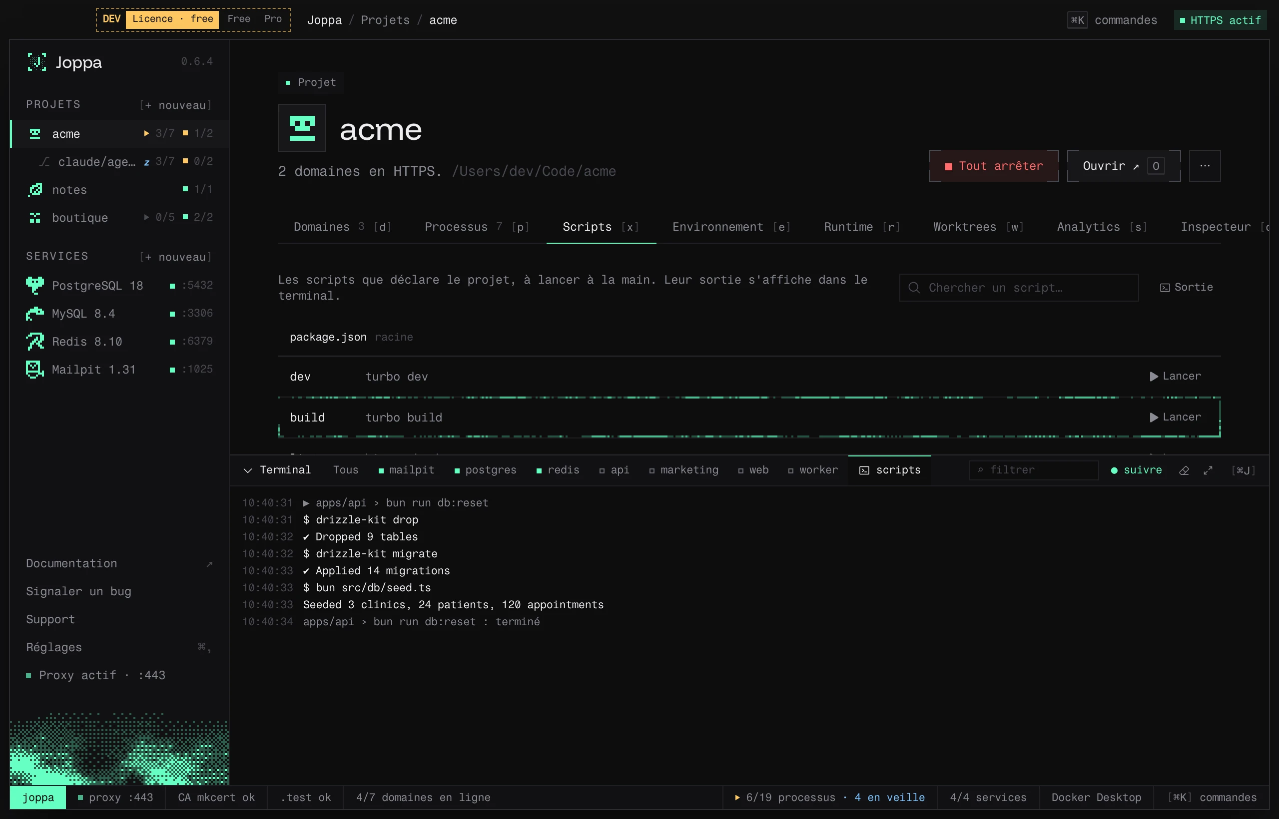 L’onglet Scripts : les scripts d’un monorepo bun, db:reset lancé, sa sortie dans le terminal