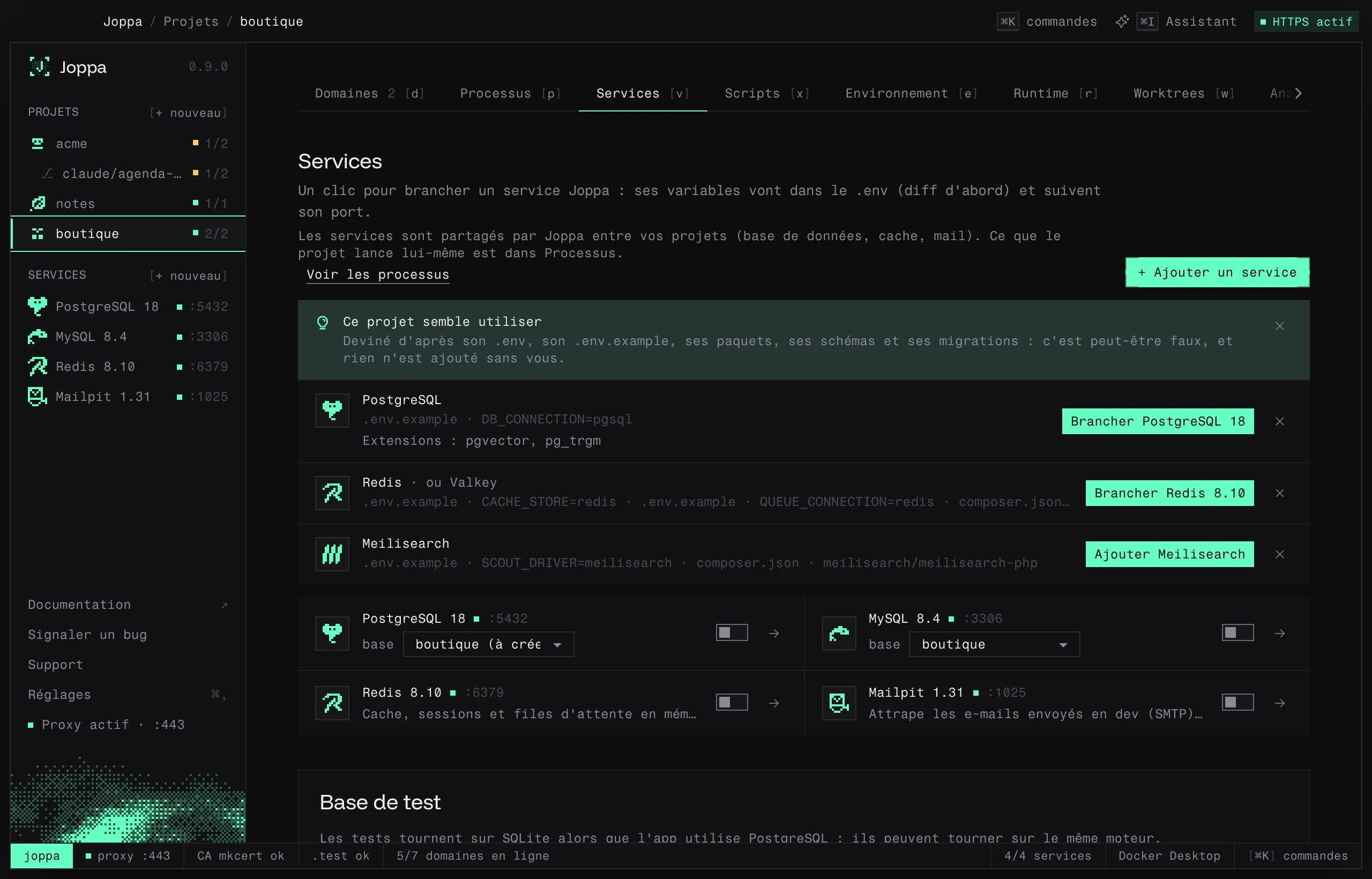 Le bloc « Ce projet semble utiliser » : PostgreSQL avec pgvector et pg_trgm, Redis, Meilisearch