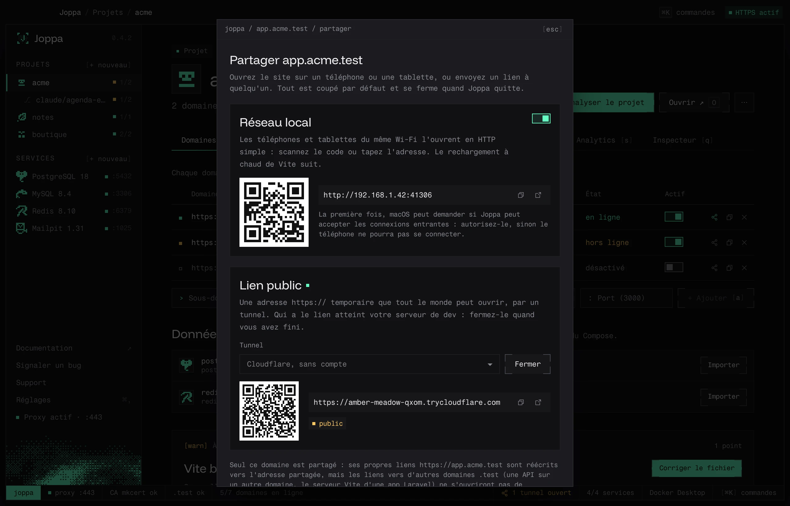La fenêtre Partager : le domaine sur le réseau local avec son QR code, et un lien public par Cloudflare