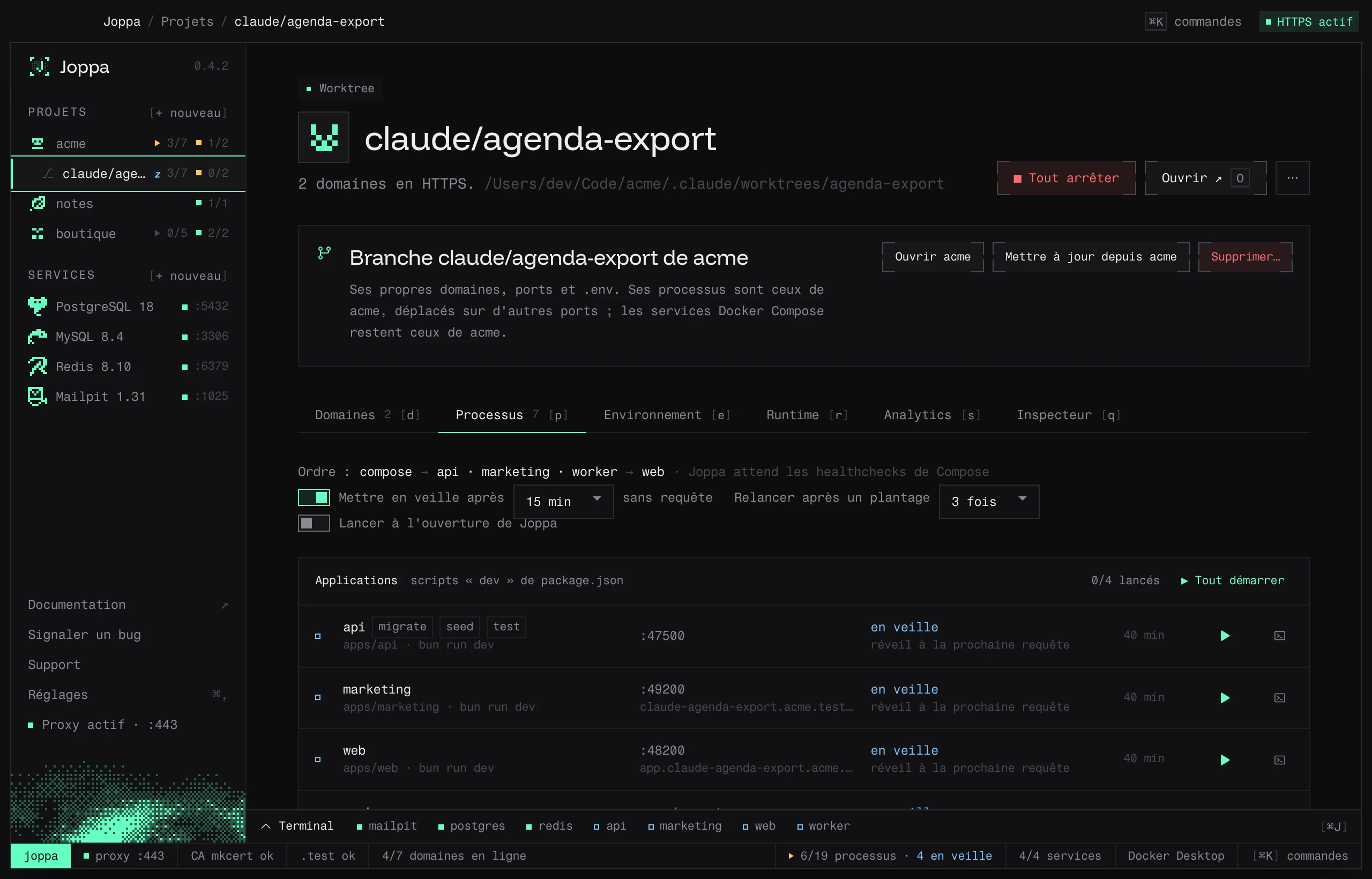 L’environnement d’un worktree, ses serveurs de dev en veille depuis 40 minutes