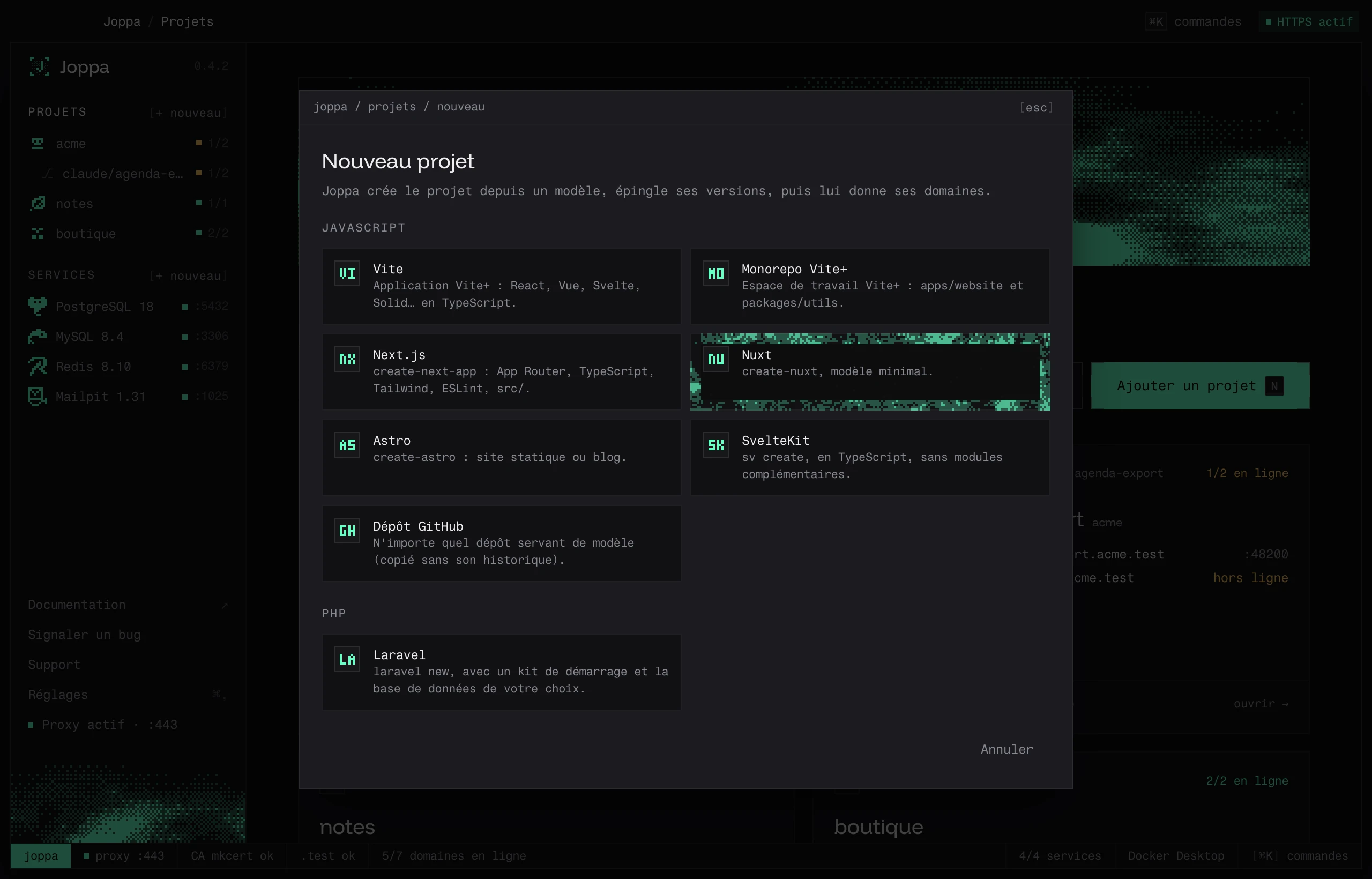 La fenêtre Nouveau projet et ses modèles JavaScript et PHP