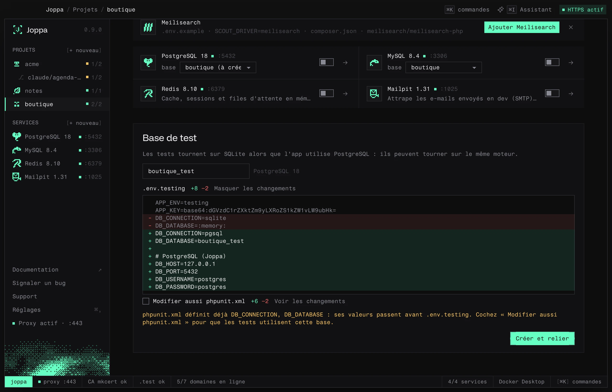 Le bloc Base de test : des tests sur SQLite proposés sur PostgreSQL, avec le diff de .env.testing