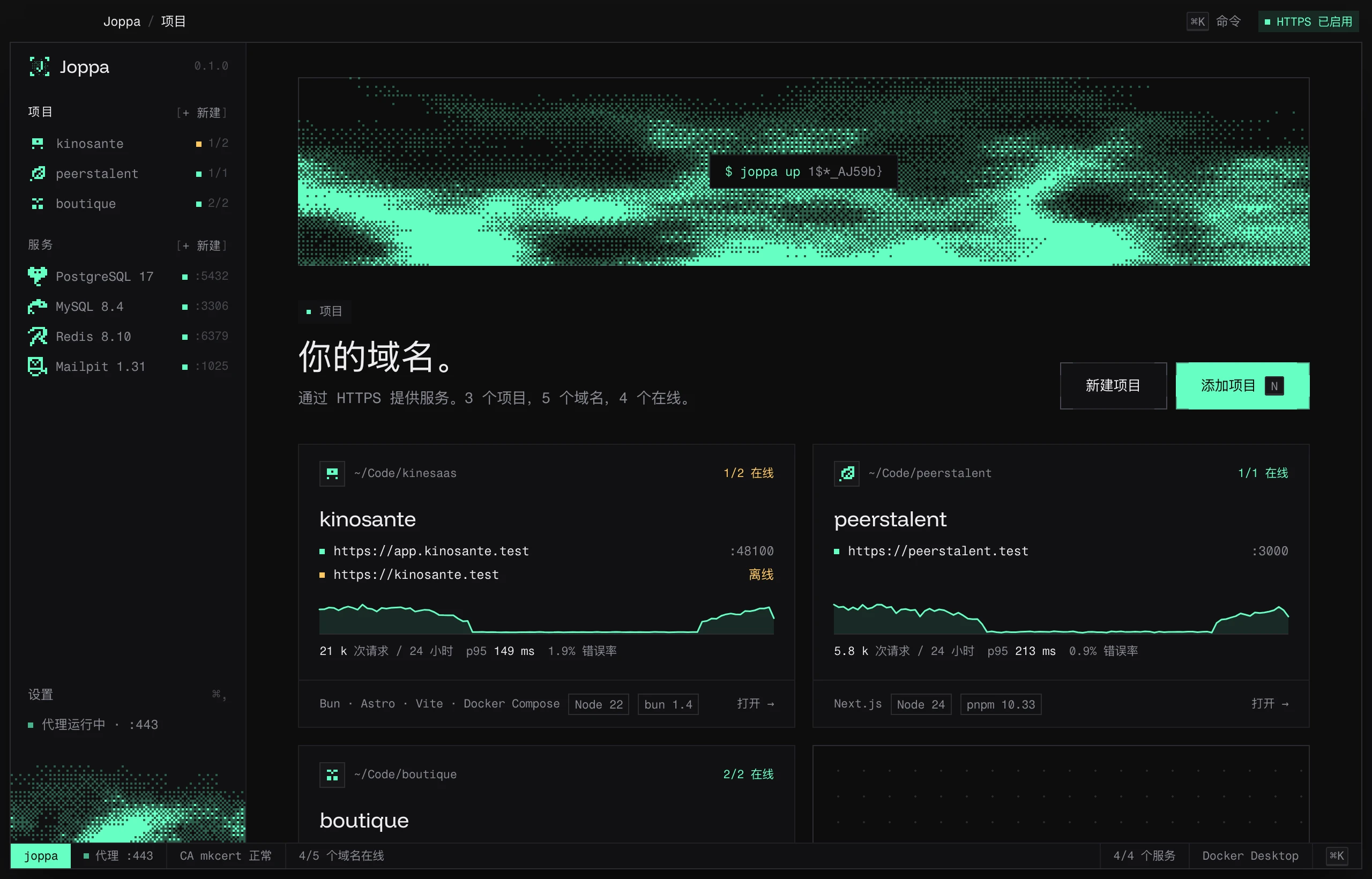 Joppa 首页：三个项目、它们的 HTTPS 域名、状态以及最近 24 小时的流量