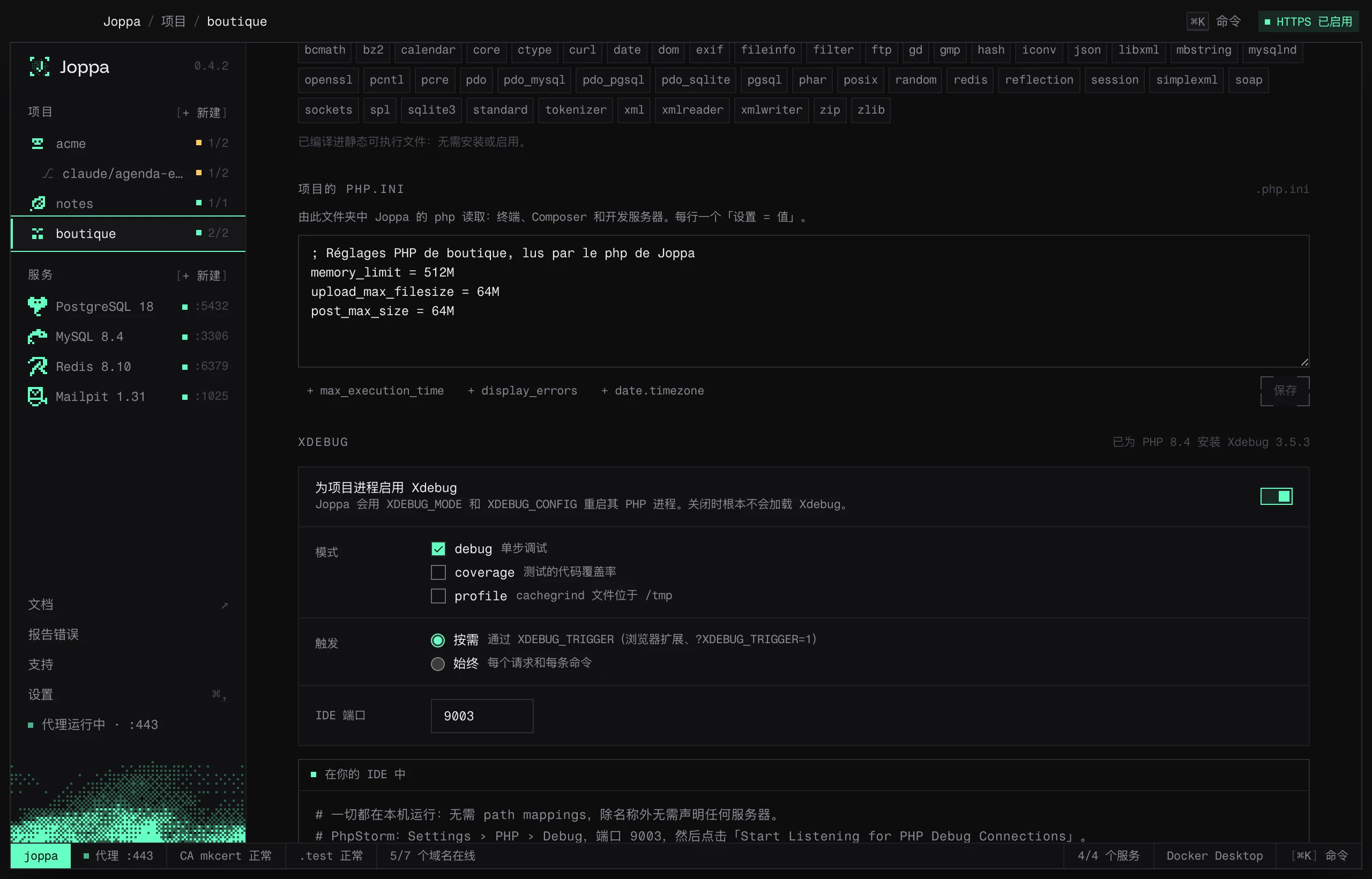 PHP 项目的运行时标签页:扩展、项目的 php.ini 和 Xdebug