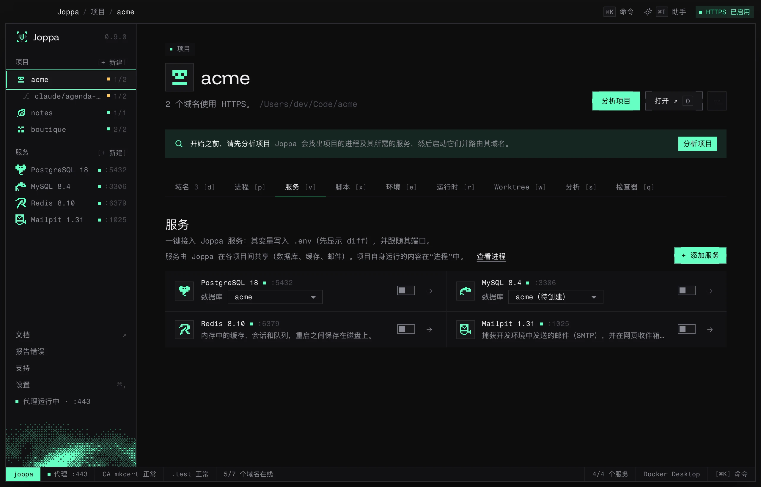 服务标签页：PostgreSQL、MySQL、Redis 和 Mailpit，各有一个开关